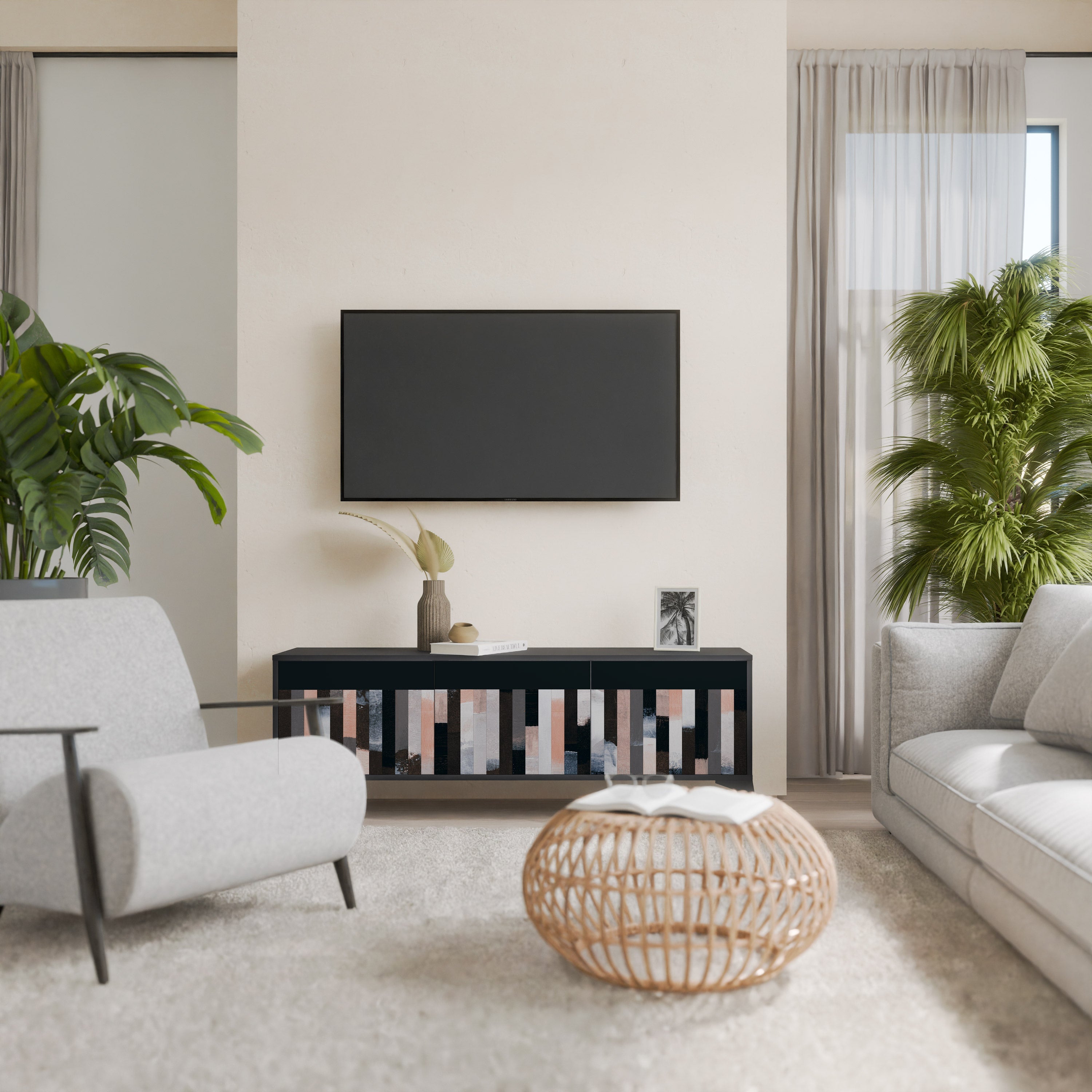 Meuble TV 3 portes COLLAGE DE RECTANGLES en finition noire