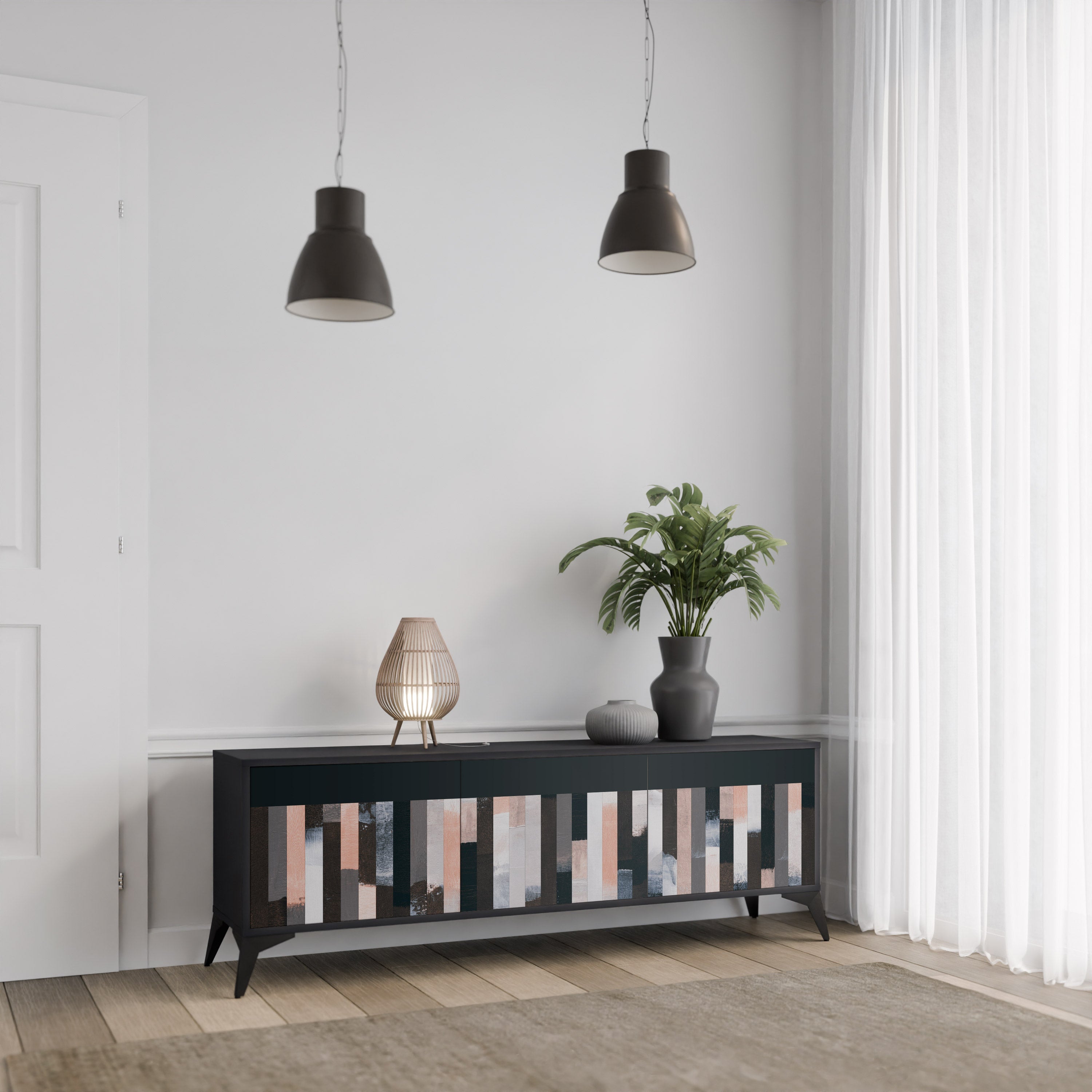 Meuble TV 3 portes COLLAGE DE RECTANGLES en finition noire