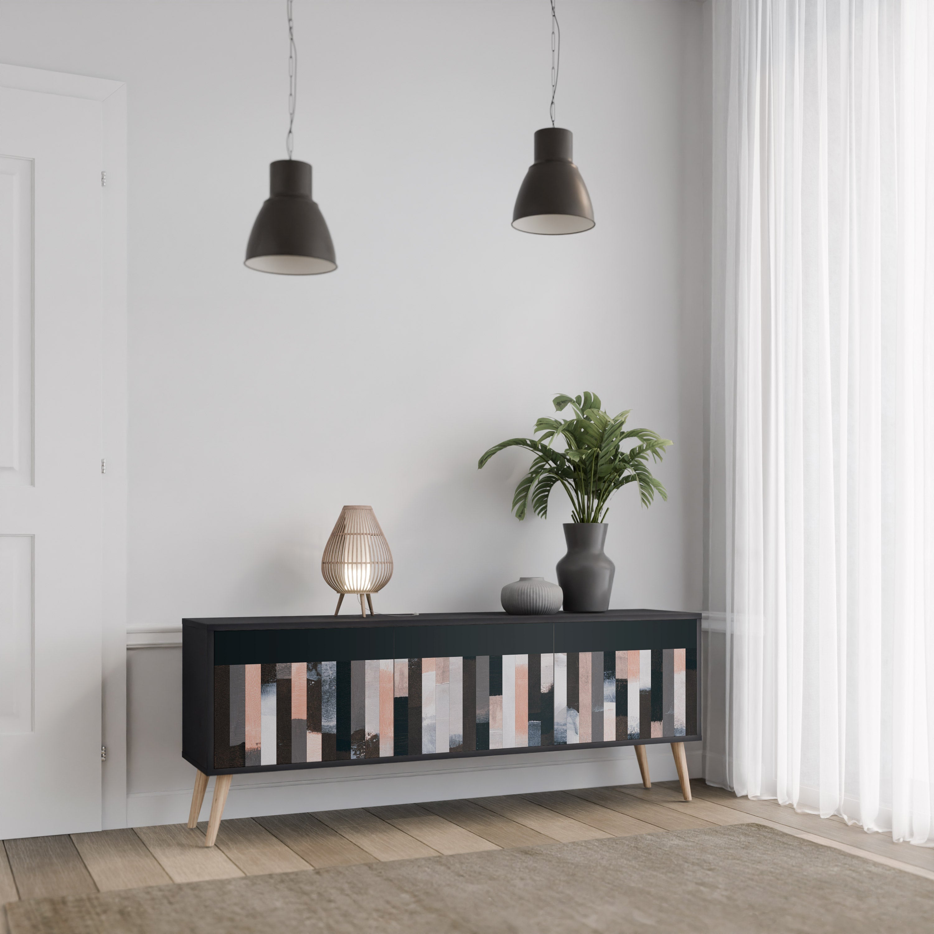 Meuble TV 3 portes COLLAGE DE RECTANGLES en finition noire