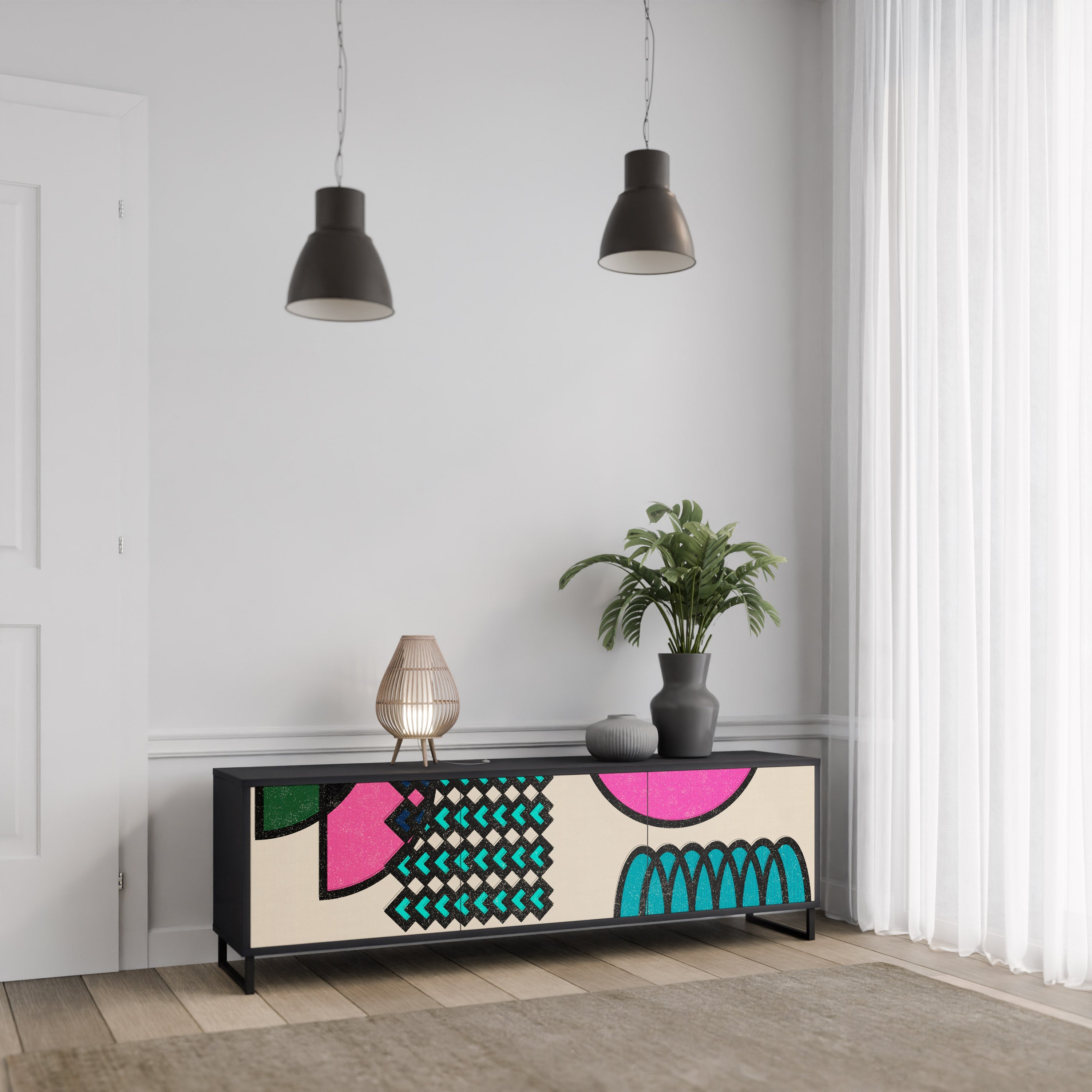 Meuble TV 3 portes GEOMETRIC RHAPSODY en finition noire