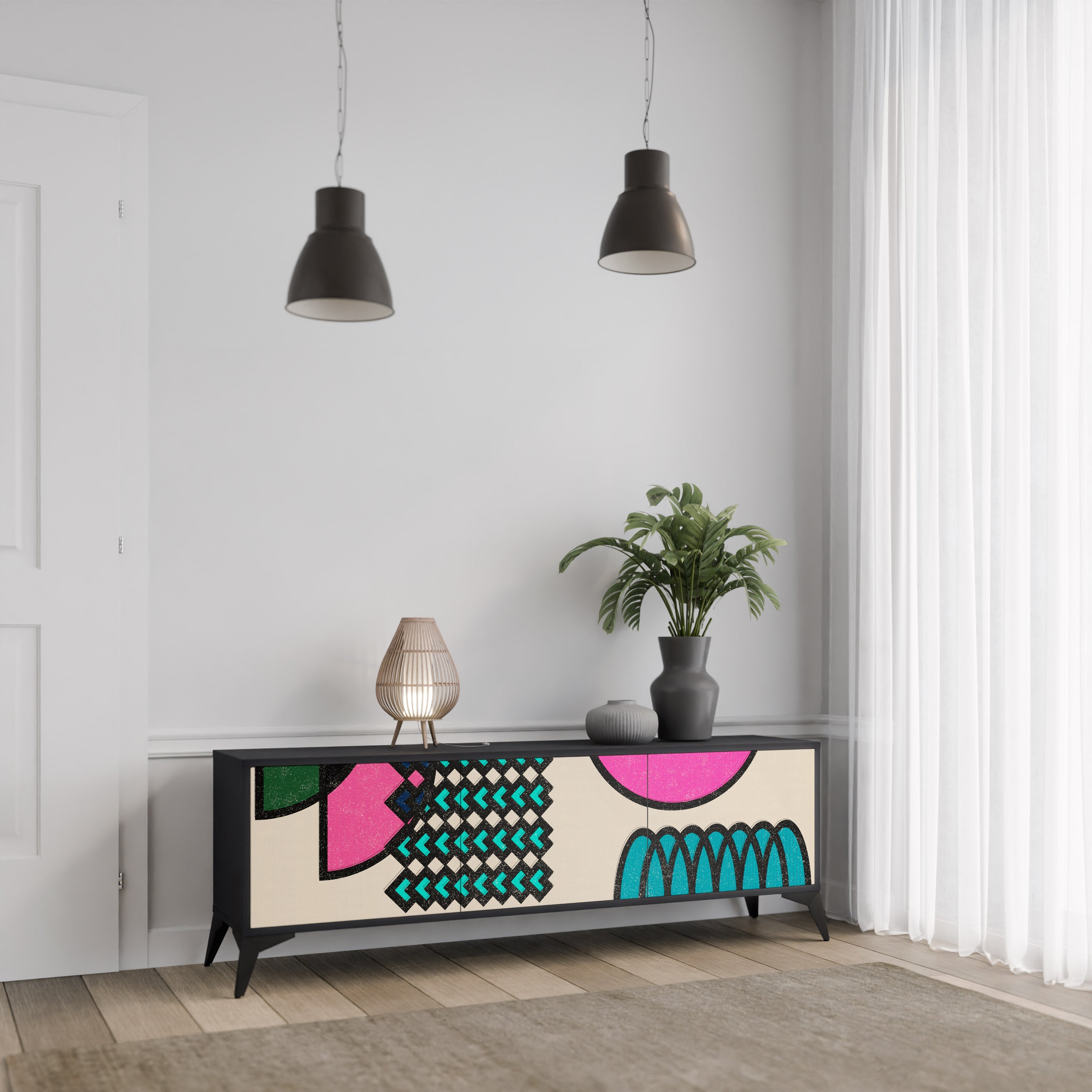 Meuble TV 3 portes GEOMETRIC RHAPSODY en finition noire