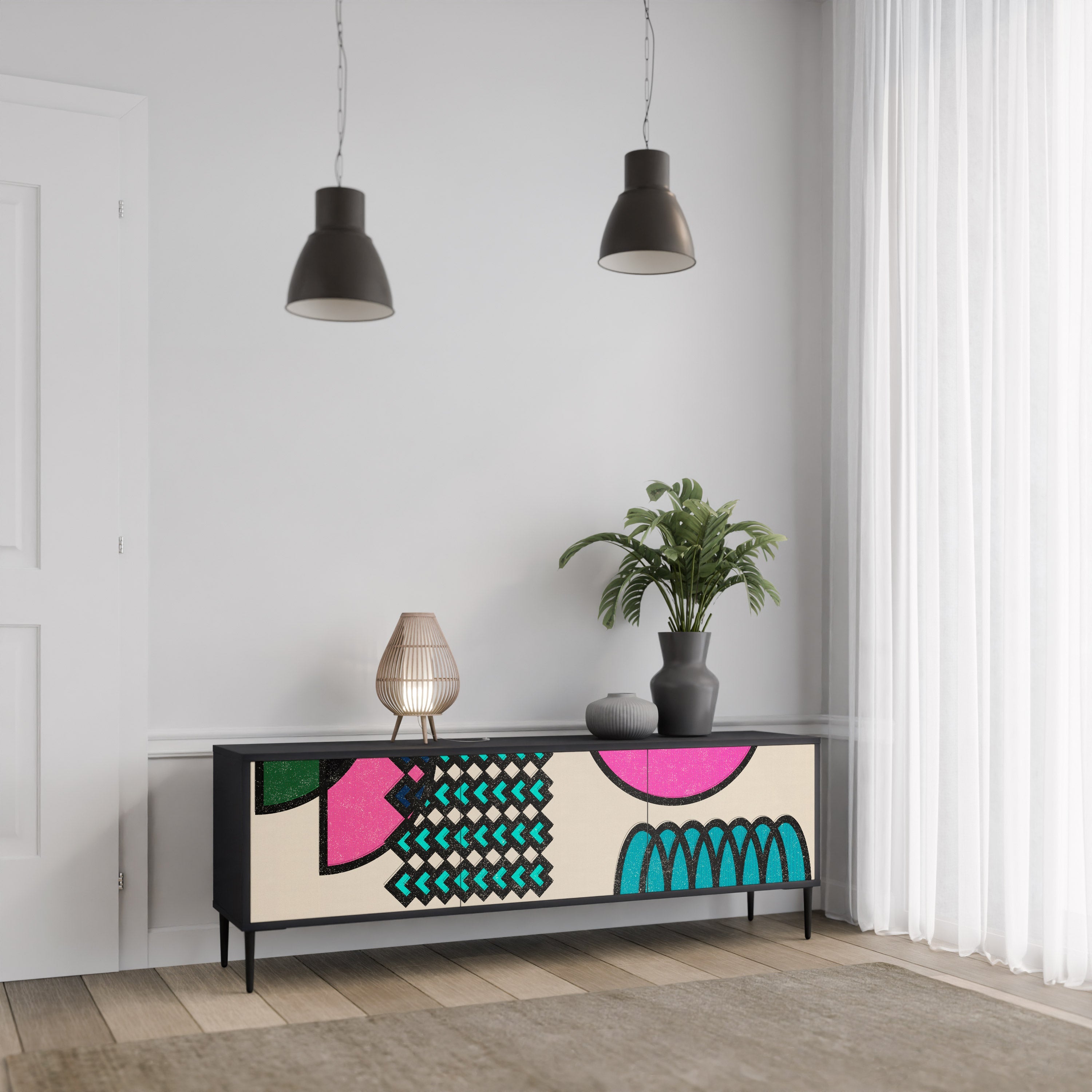 Meuble TV 3 portes GEOMETRIC RHAPSODY en finition noire