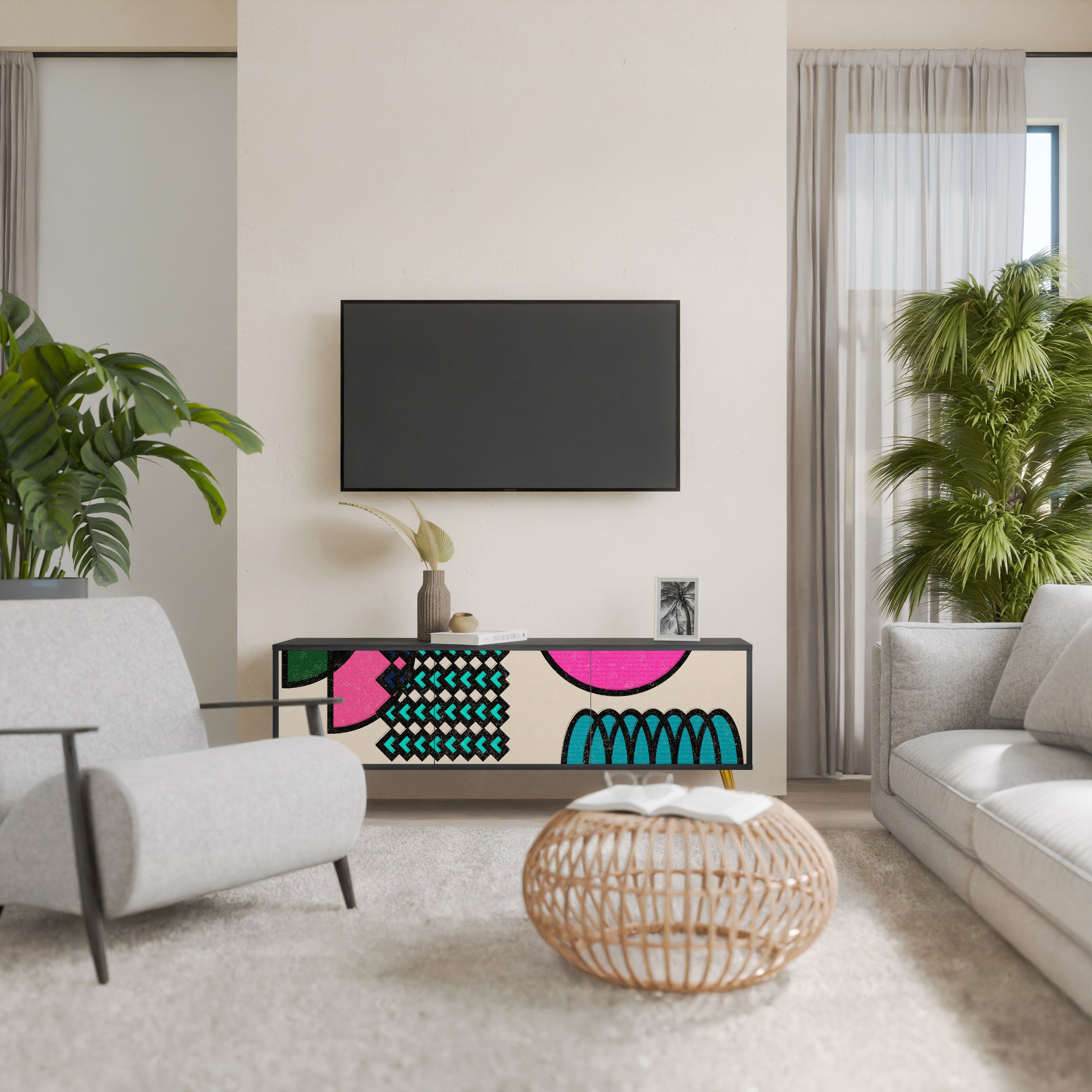 Meuble TV 3 portes GEOMETRIC RHAPSODY en finition noire