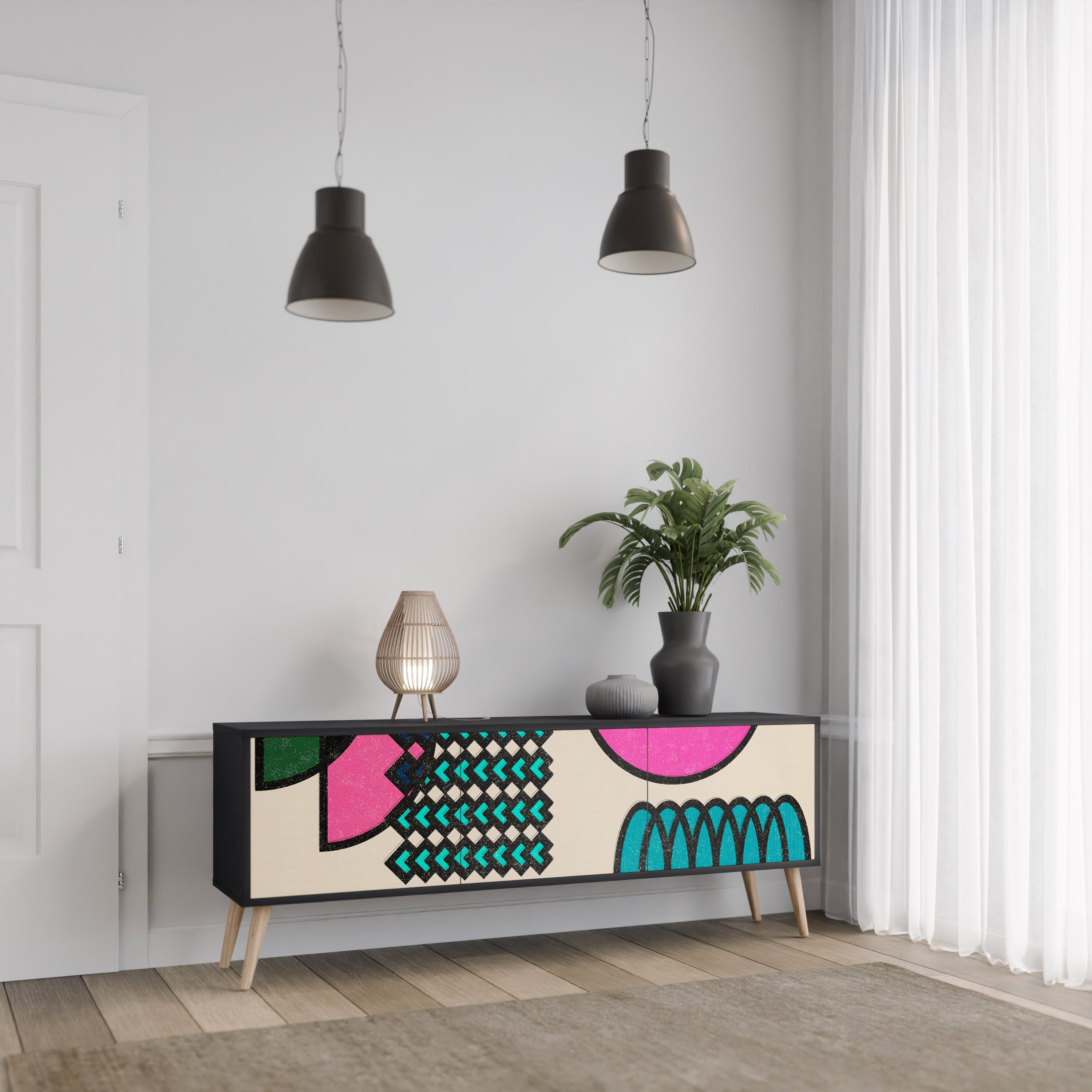 Meuble TV 3 portes GEOMETRIC RHAPSODY en finition noire