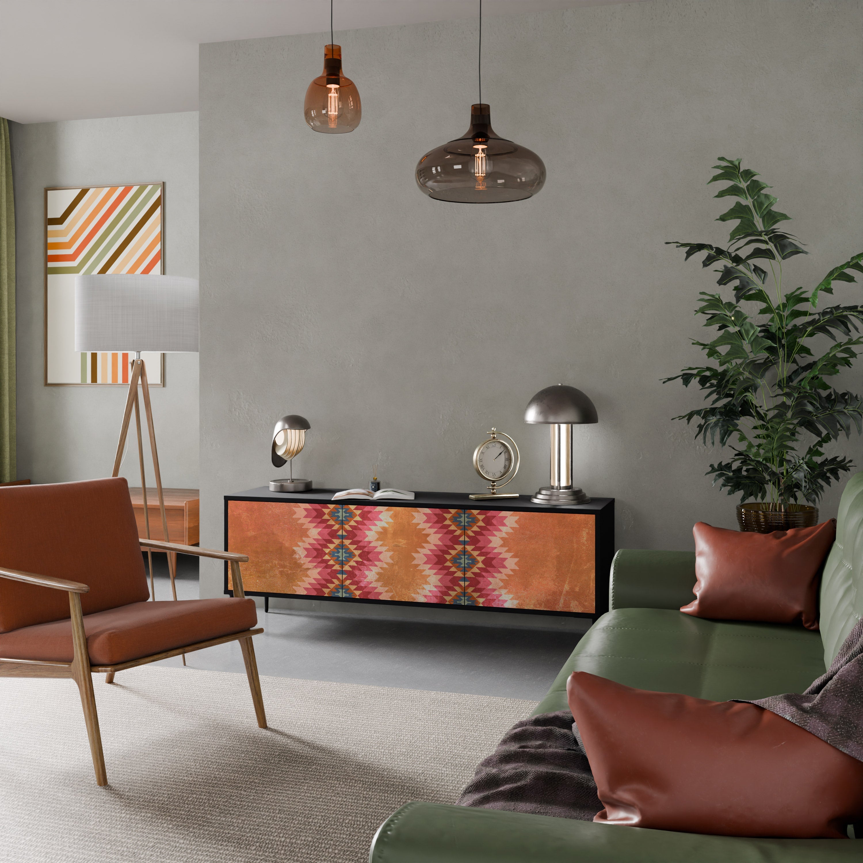 Meuble TV 3 portes INDIAN FOLK finition noire