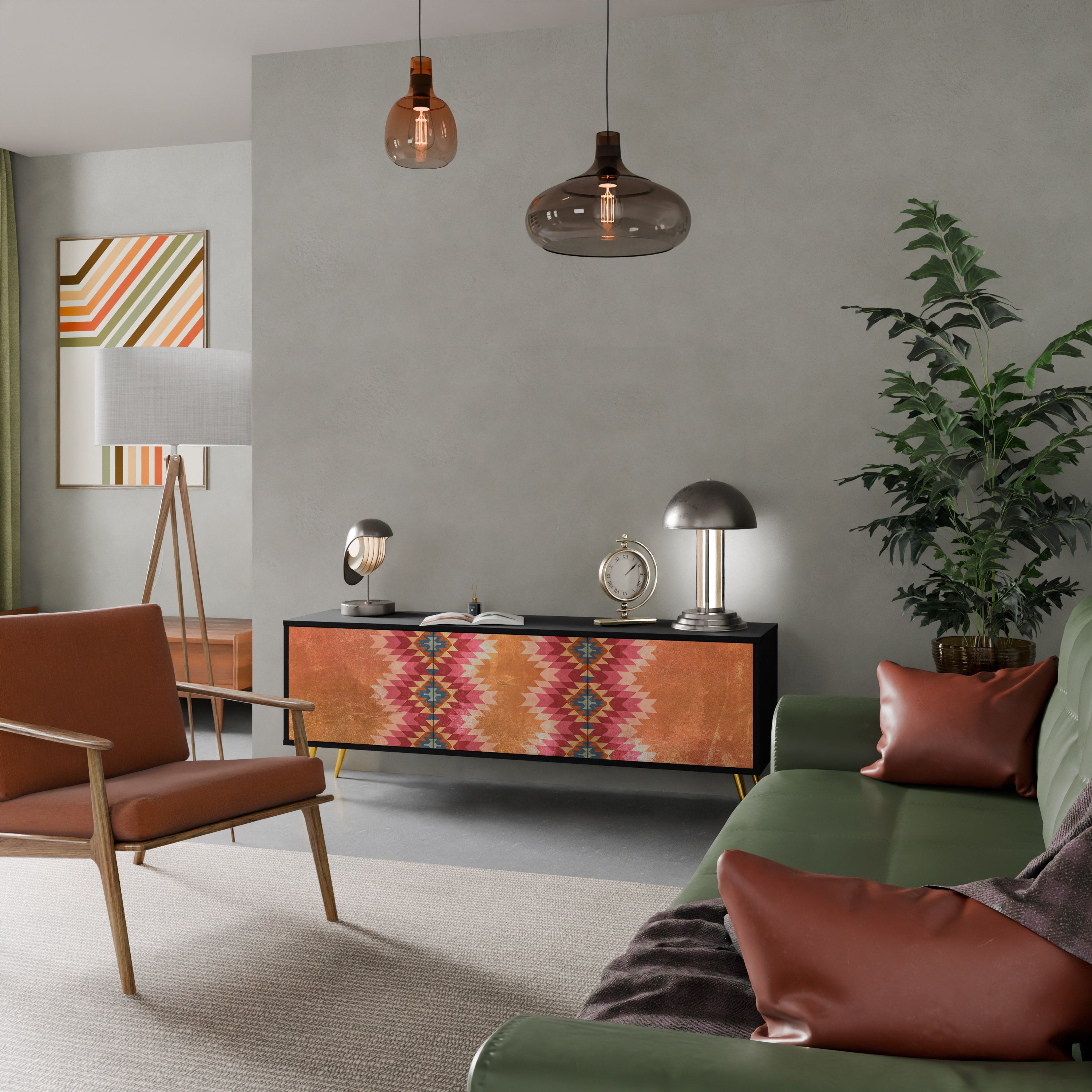 Meuble TV 3 portes INDIAN FOLK finition noire