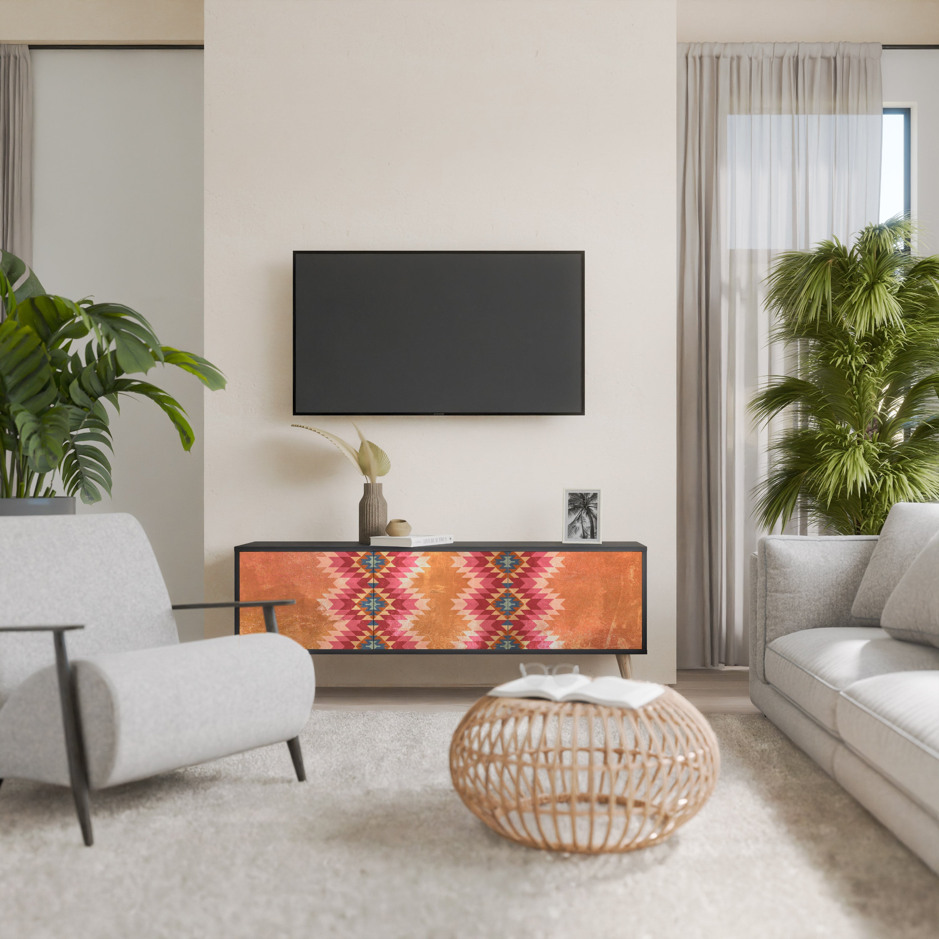 Meuble TV 3 portes INDIAN FOLK finition noire