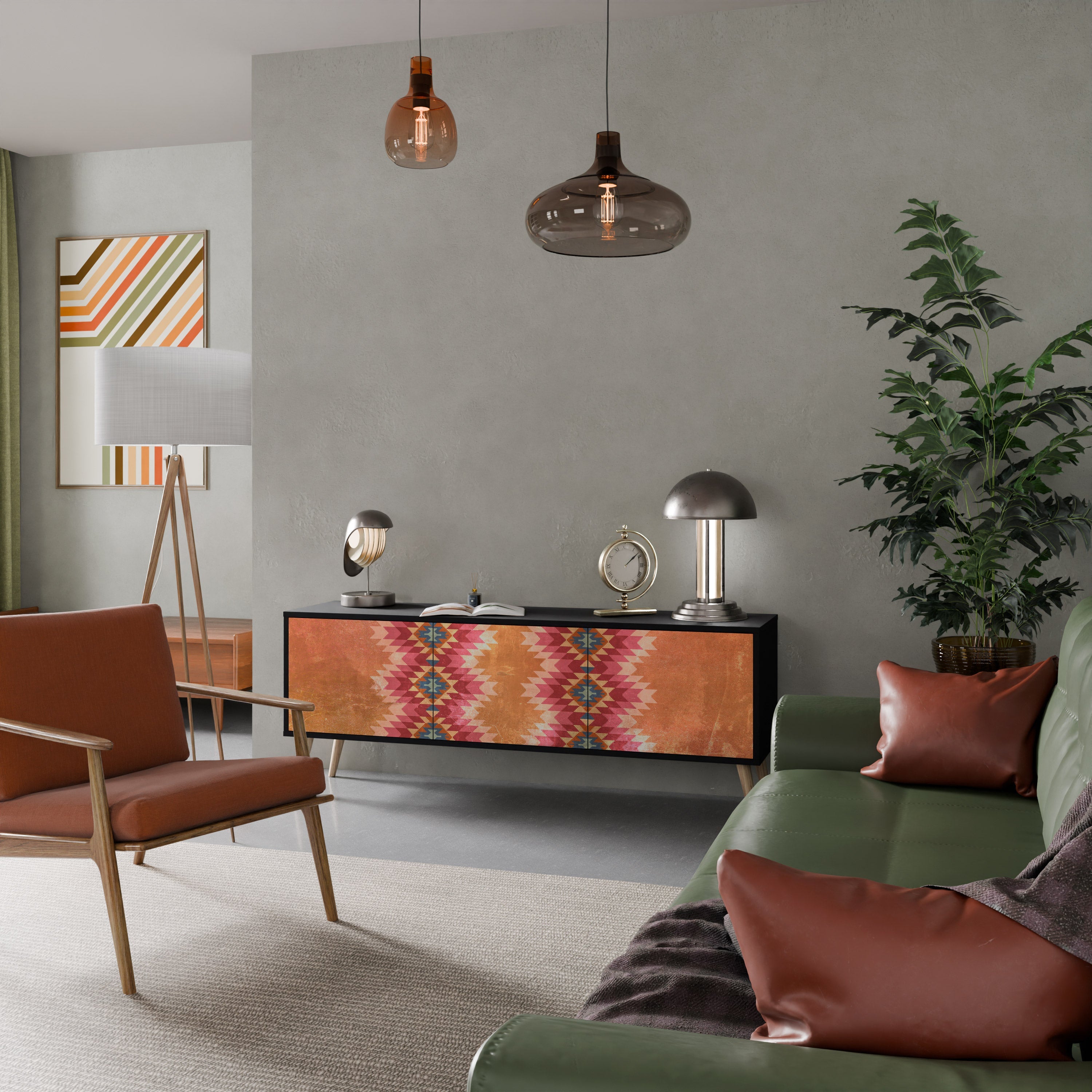 Meuble TV 3 portes INDIAN FOLK finition noire