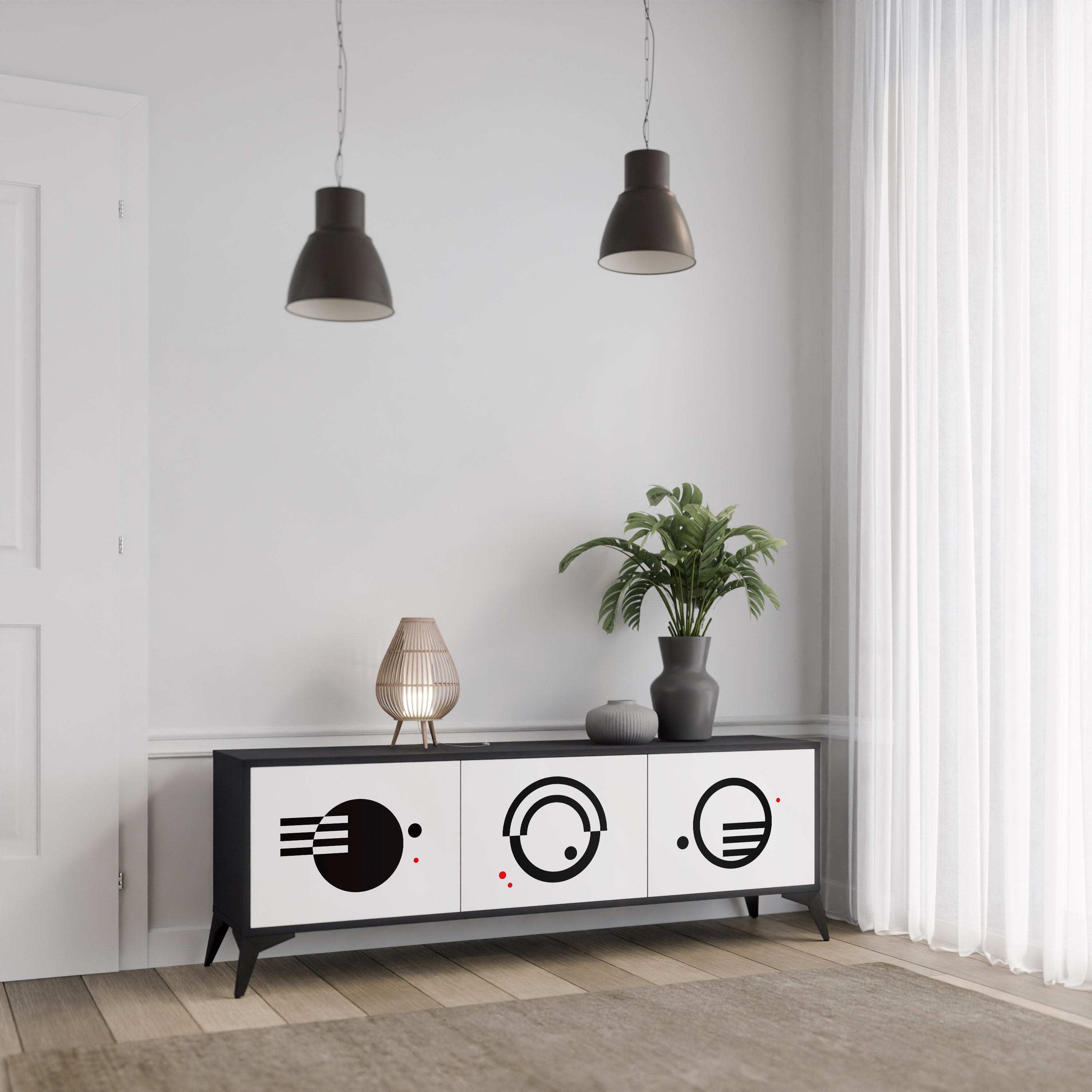 Meuble TV 3 portes noir et blanc combiné, finition noire