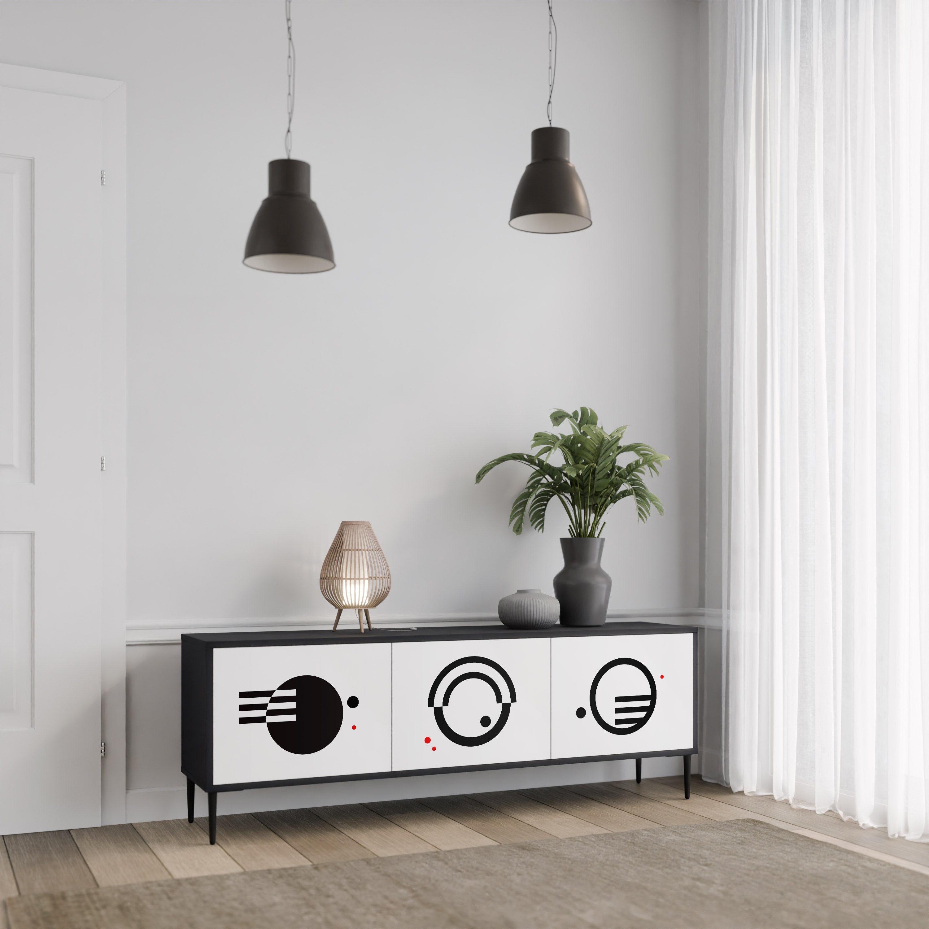 Meuble TV 3 portes noir et blanc combiné, finition noire