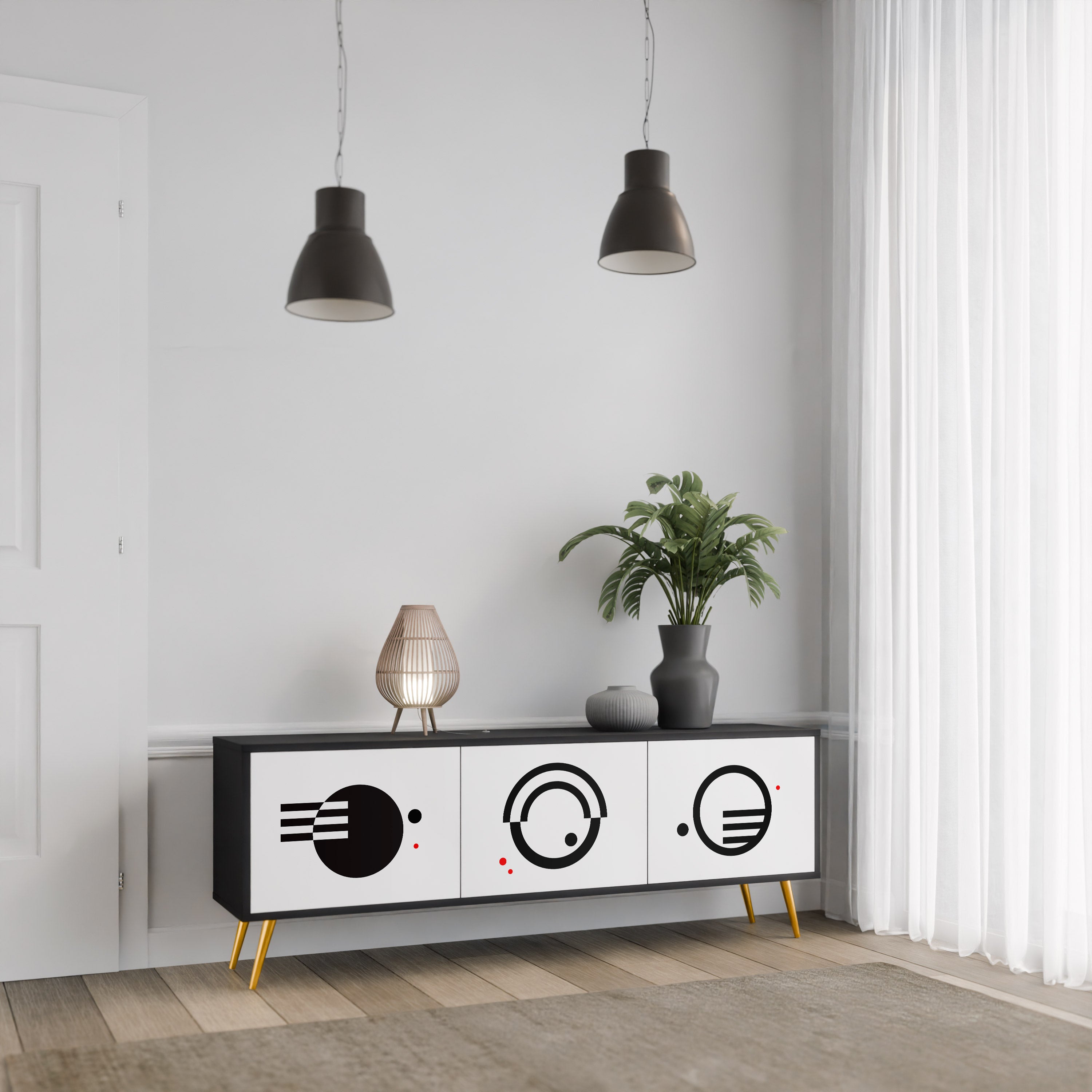 Meuble TV 3 portes noir et blanc combiné, finition noire