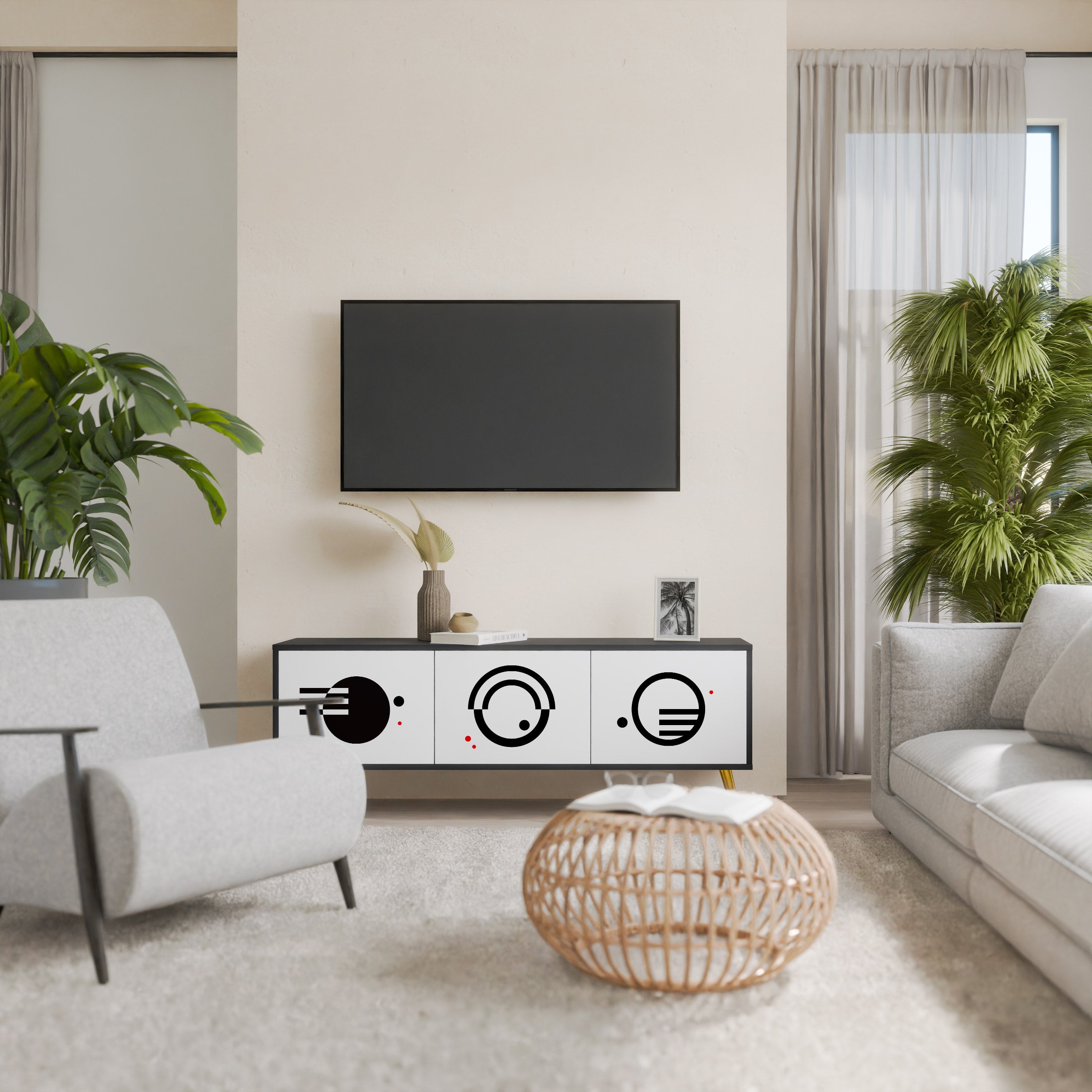 Meuble TV 3 portes noir et blanc combiné, finition noire