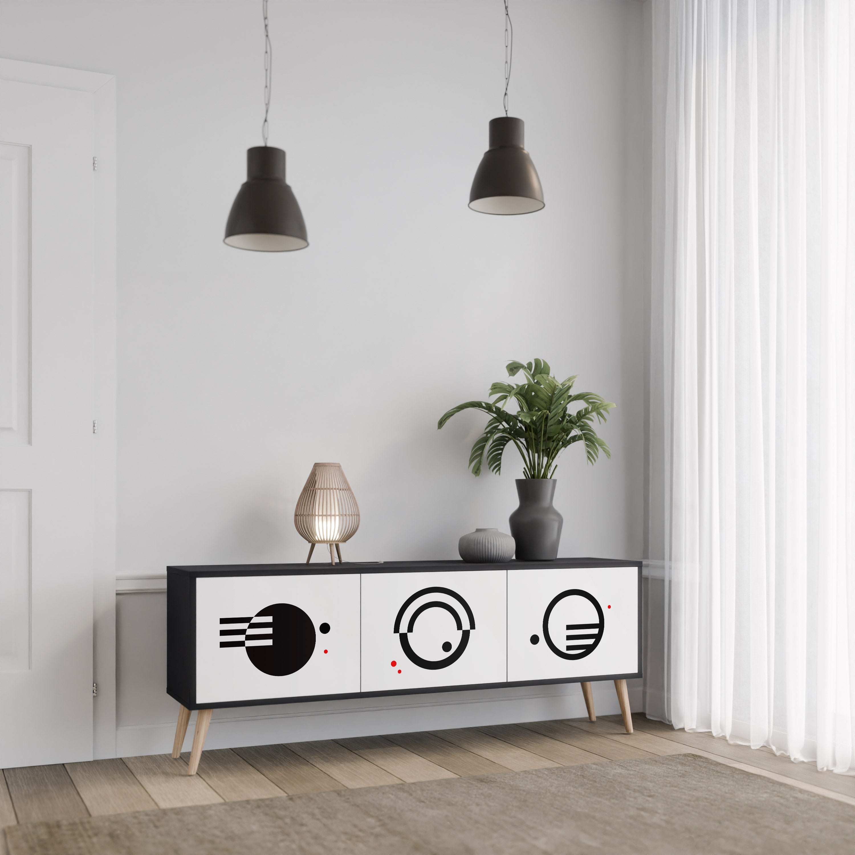 Meuble TV 3 portes noir et blanc combiné, finition noire