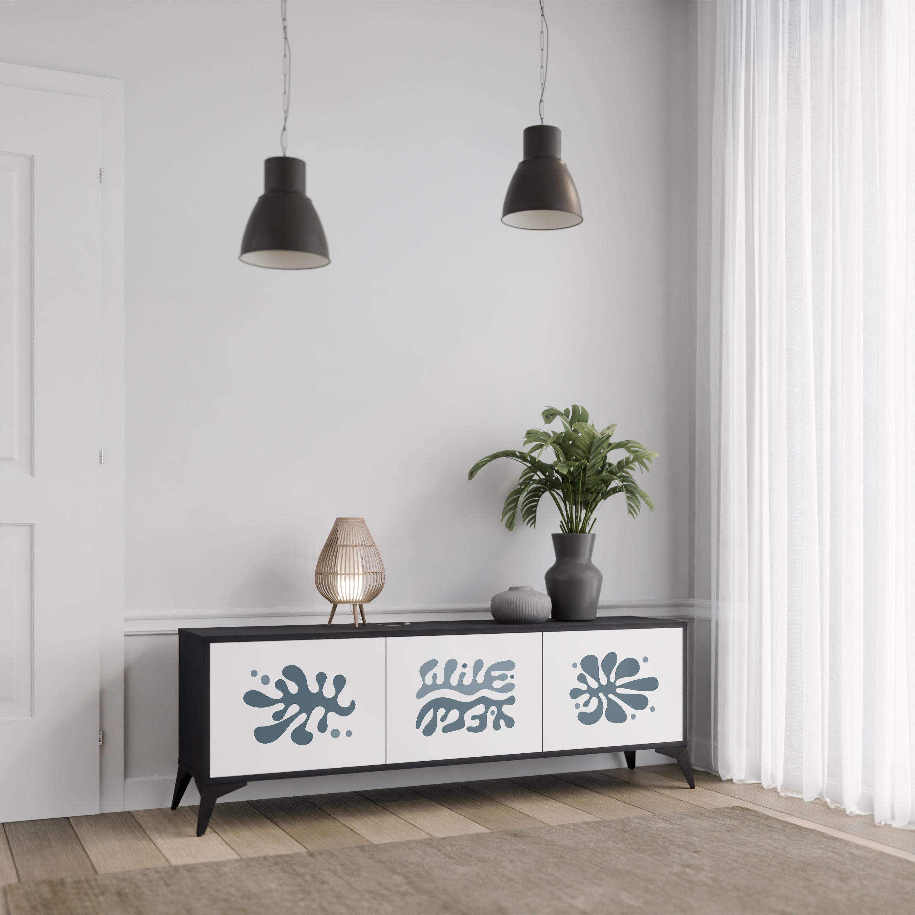 Meuble TV 3 portes WONDERLAND VEGETATION, finition noire