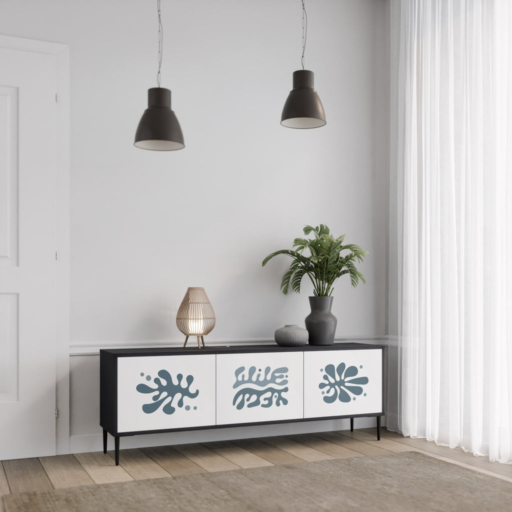 Meuble TV 3 portes WONDERLAND VEGETATION, finition noire