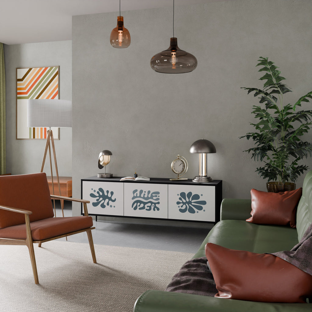 Meuble TV 3 portes WONDERLAND VEGETATION, finition noire