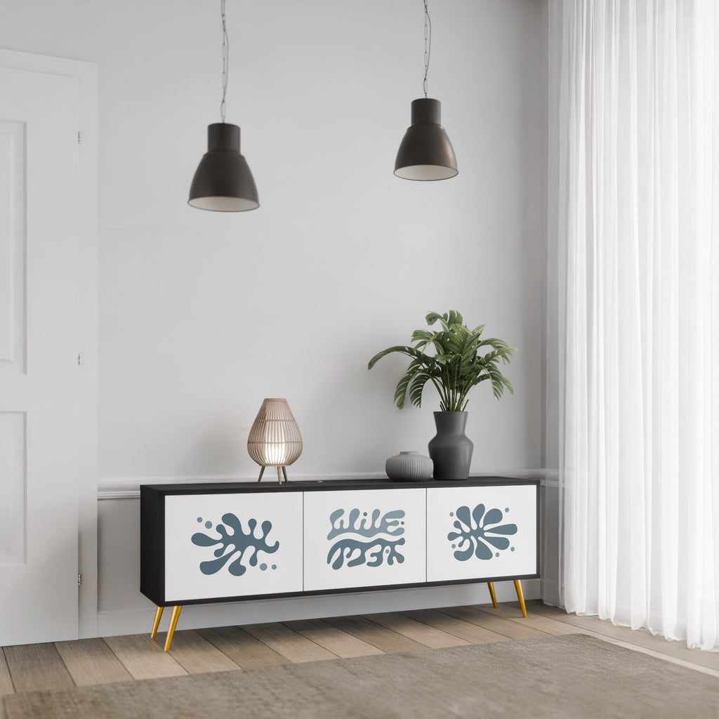 Meuble TV 3 portes WONDERLAND VEGETATION, finition noire