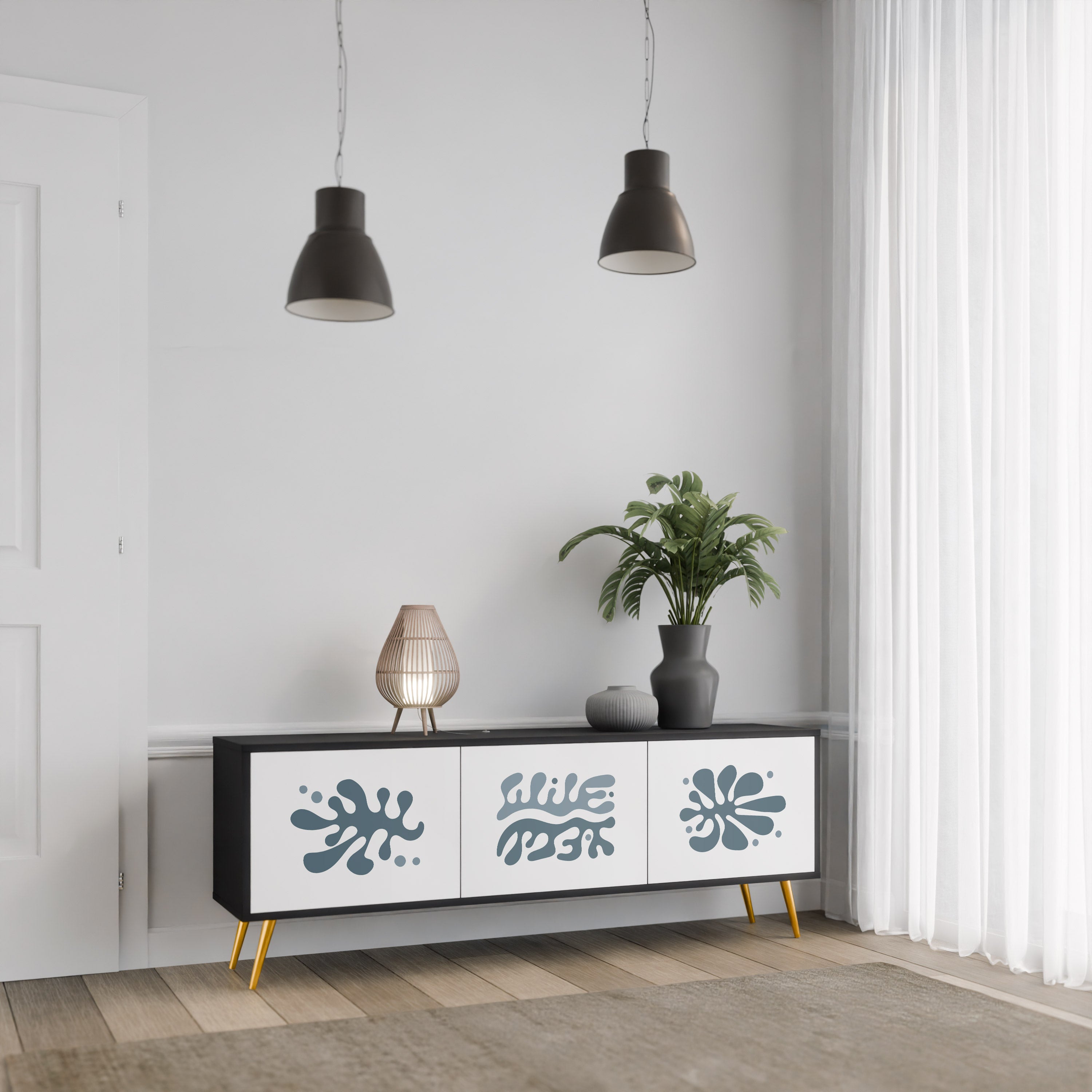 Meuble TV 3 portes WONDERLAND VEGETATION, finition noire