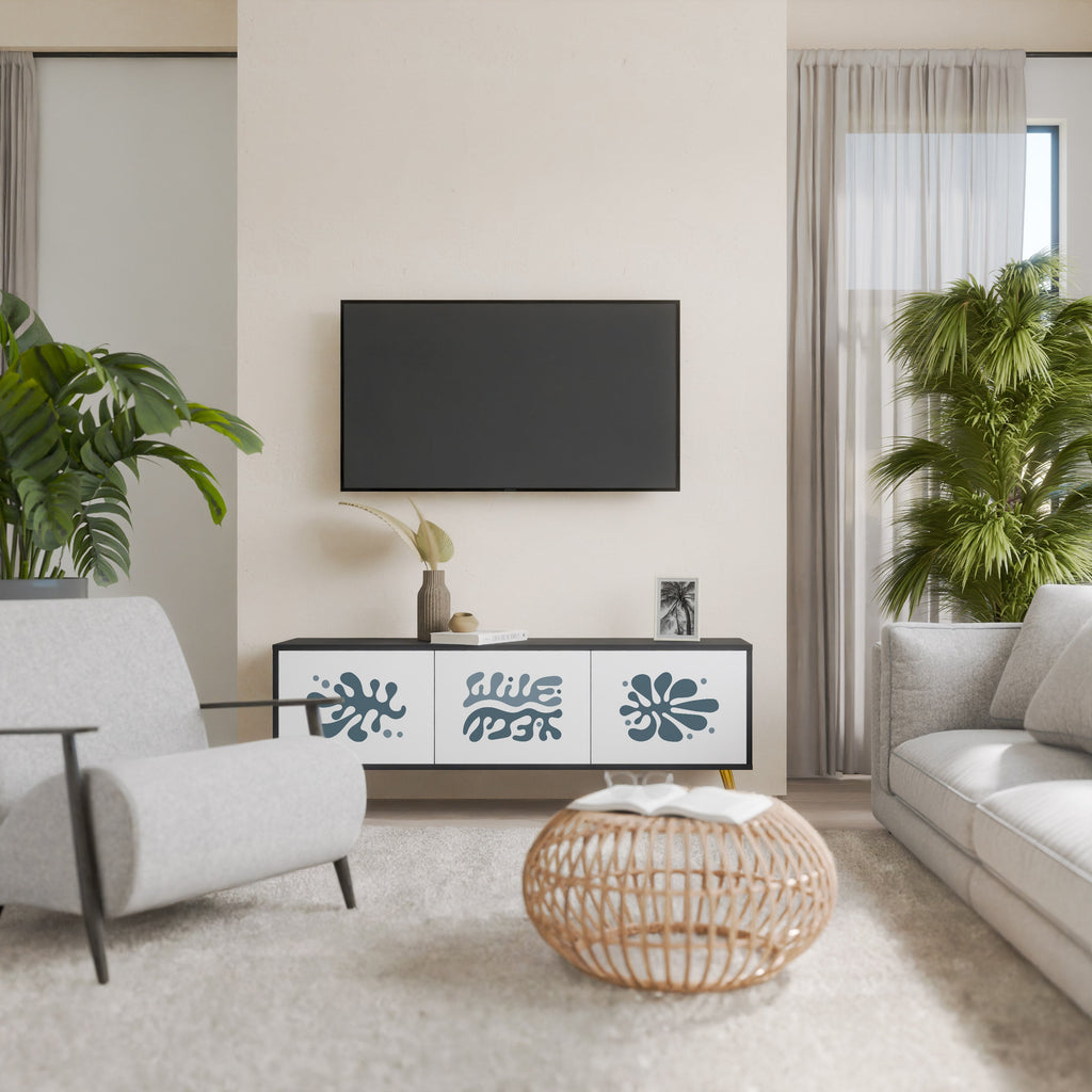 Meuble TV 3 portes WONDERLAND VEGETATION, finition noire