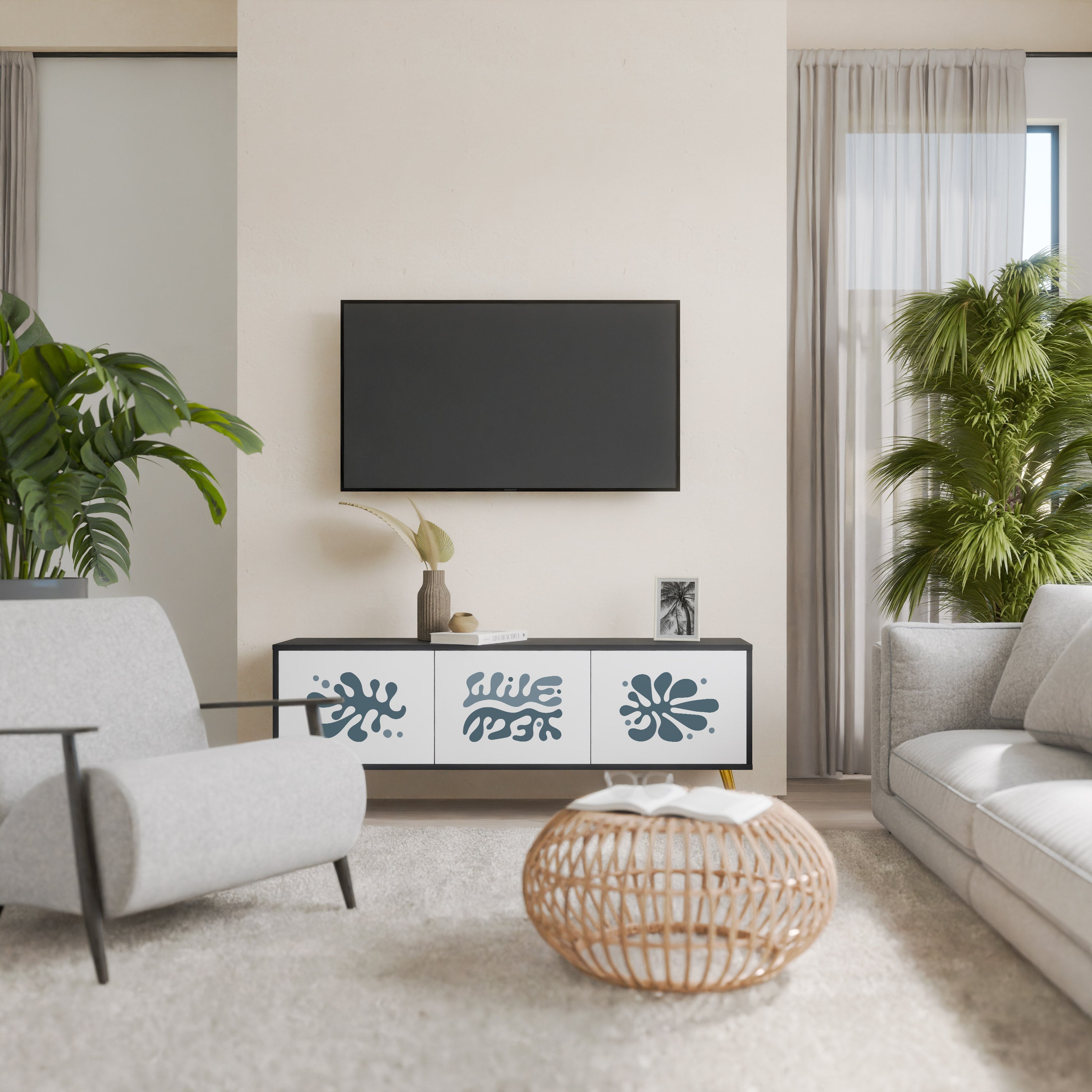 Meuble TV 3 portes WONDERLAND VEGETATION, finition noire