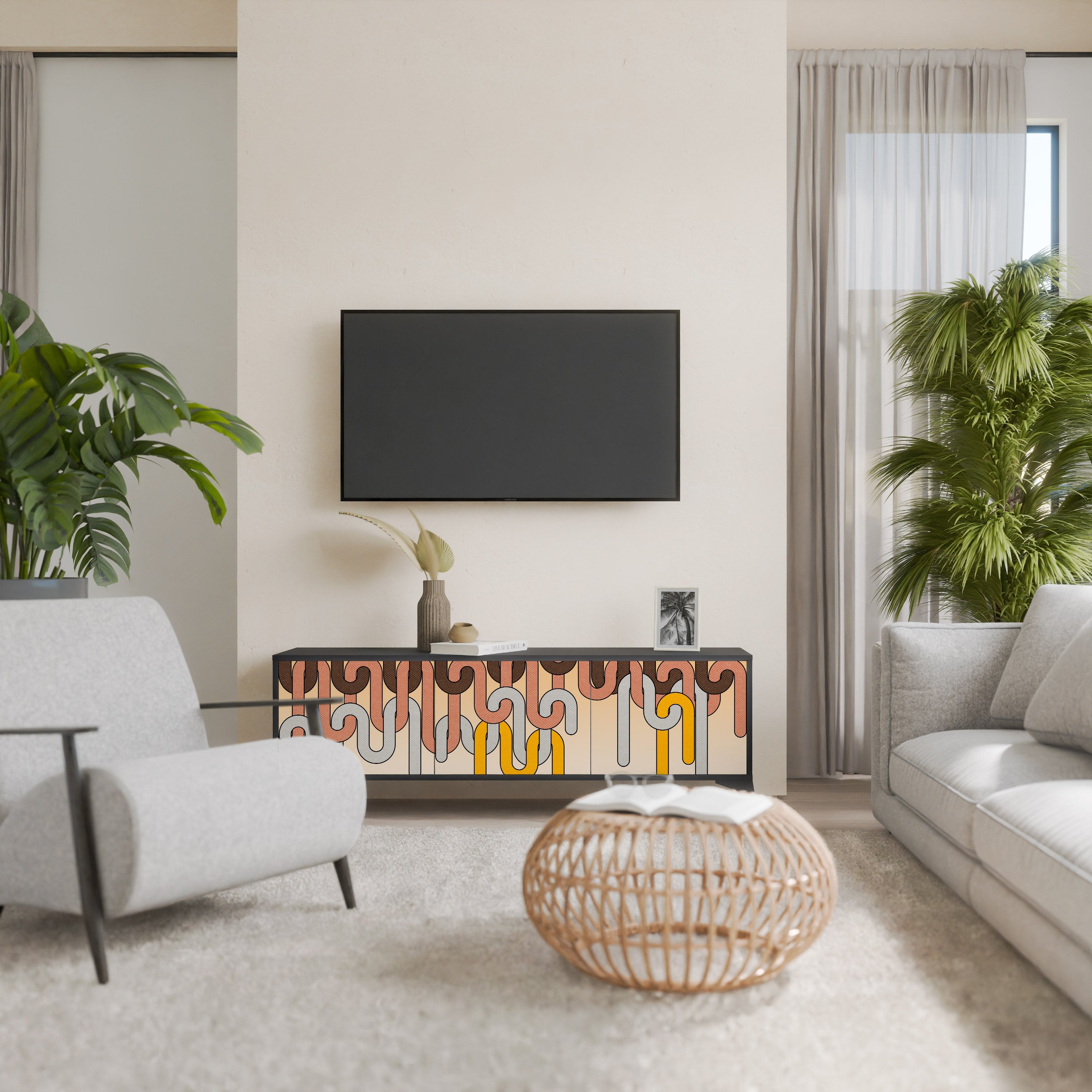 Meuble TV 3 portes COLORFUL STRINGS, finition noire