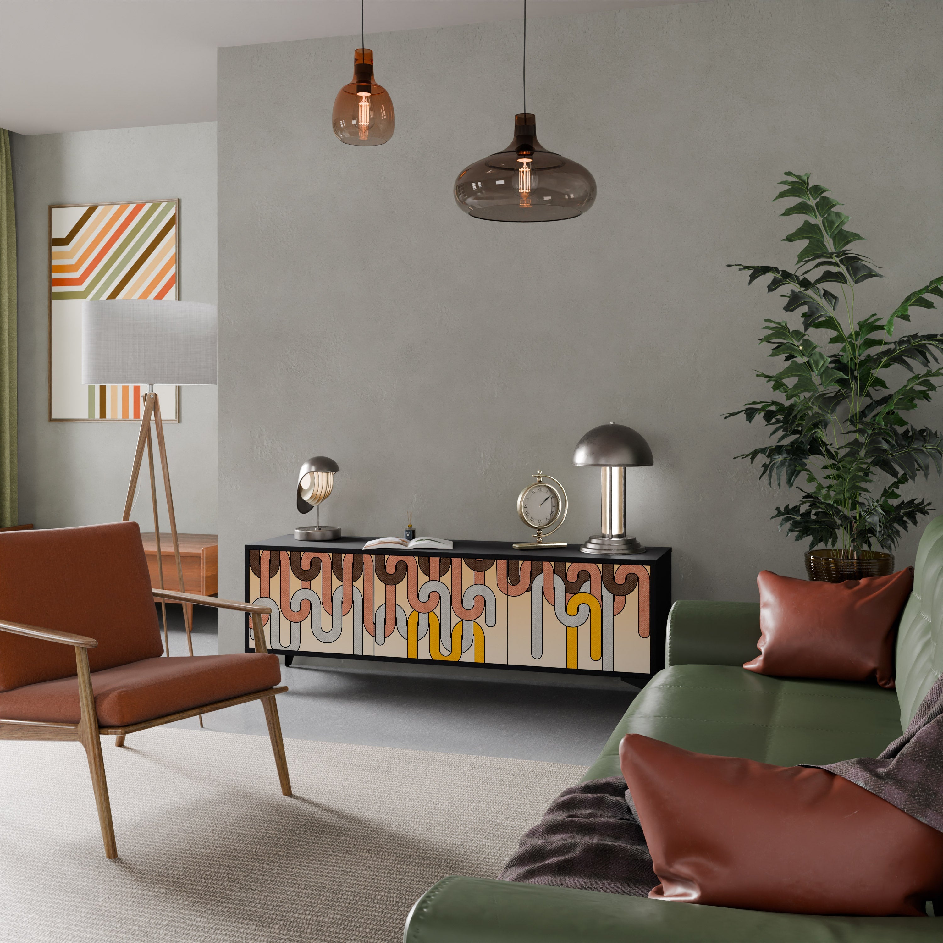 Meuble TV 3 portes COLORFUL STRINGS, finition noire