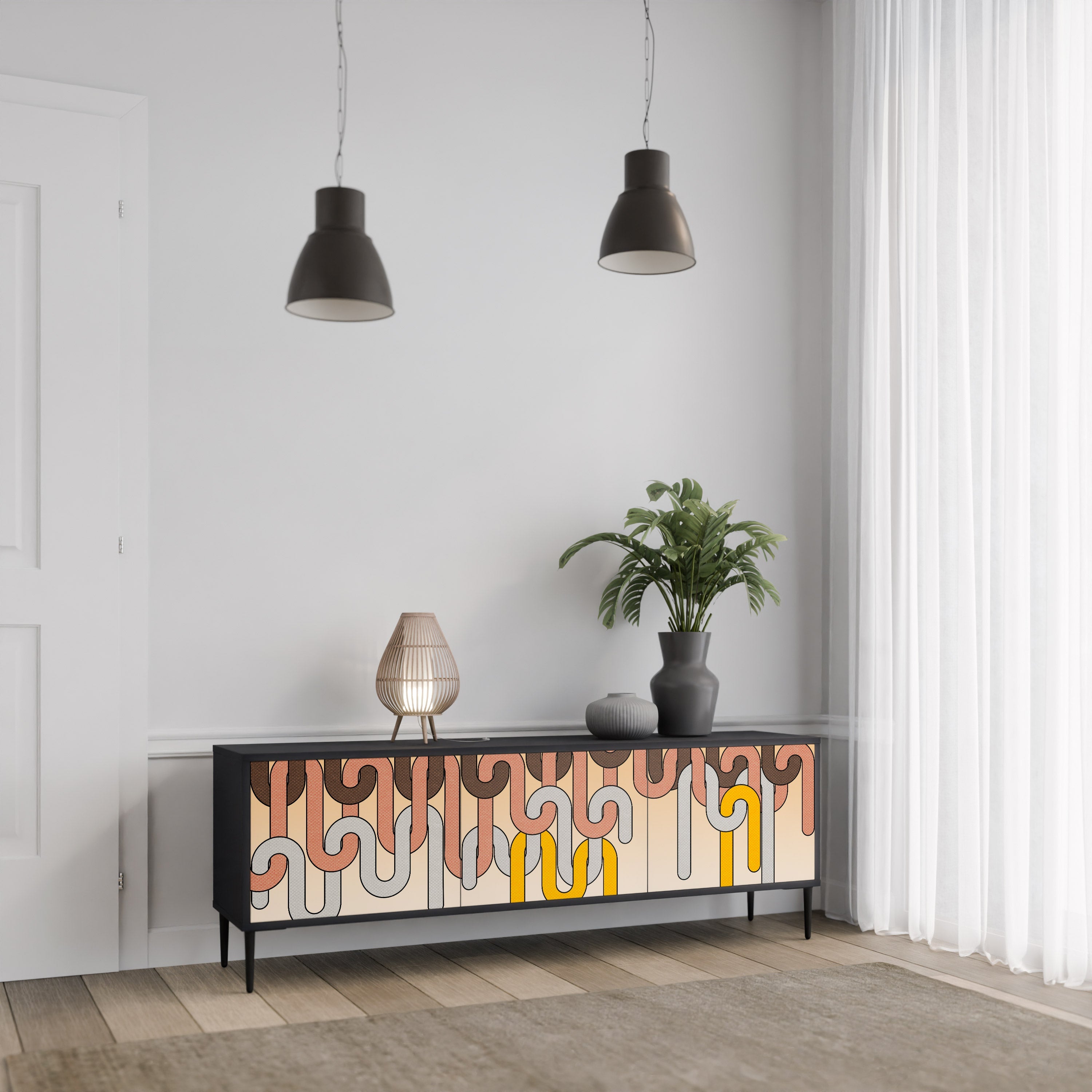 Meuble TV 3 portes COLORFUL STRINGS, finition noire