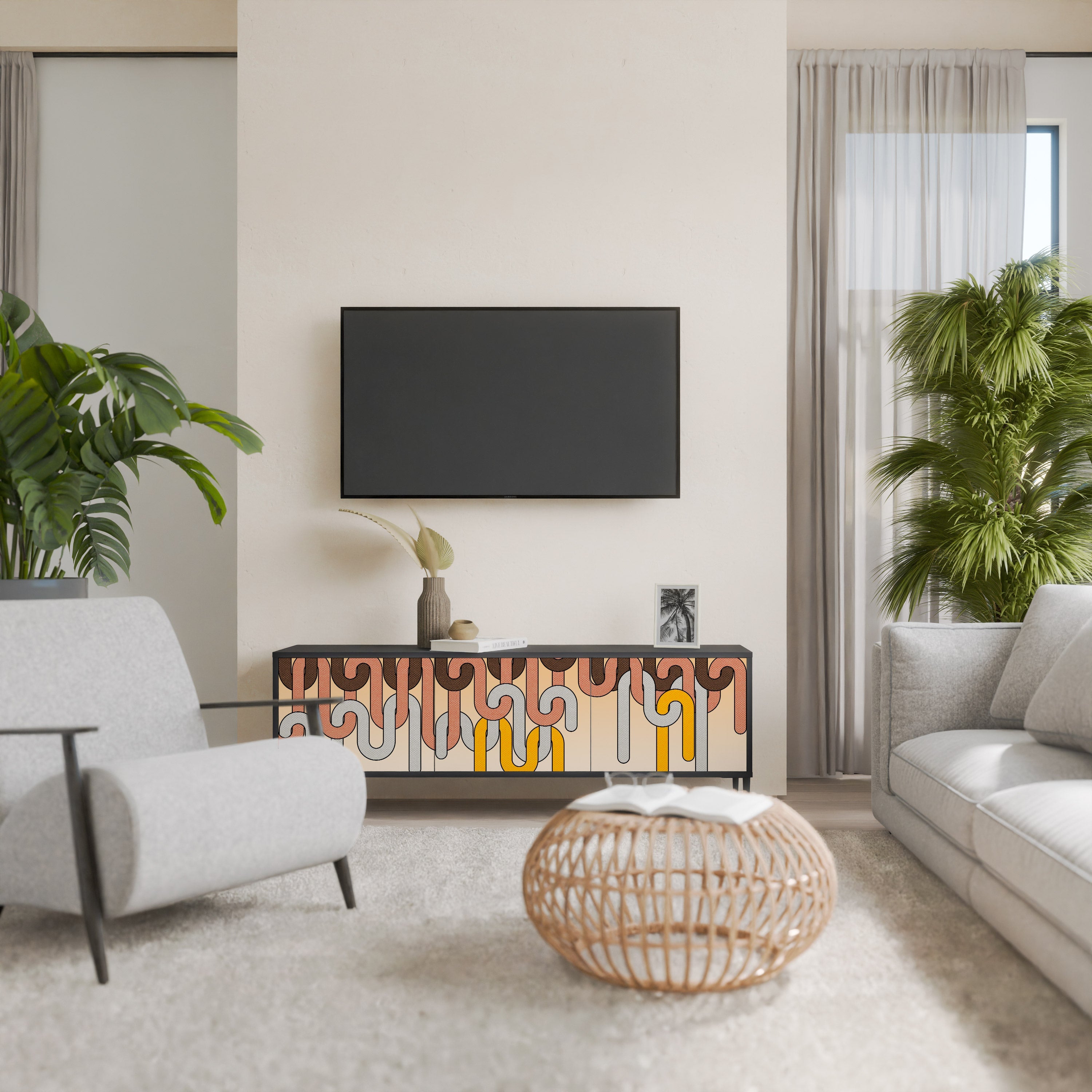 Meuble TV 3 portes COLORFUL STRINGS, finition noire