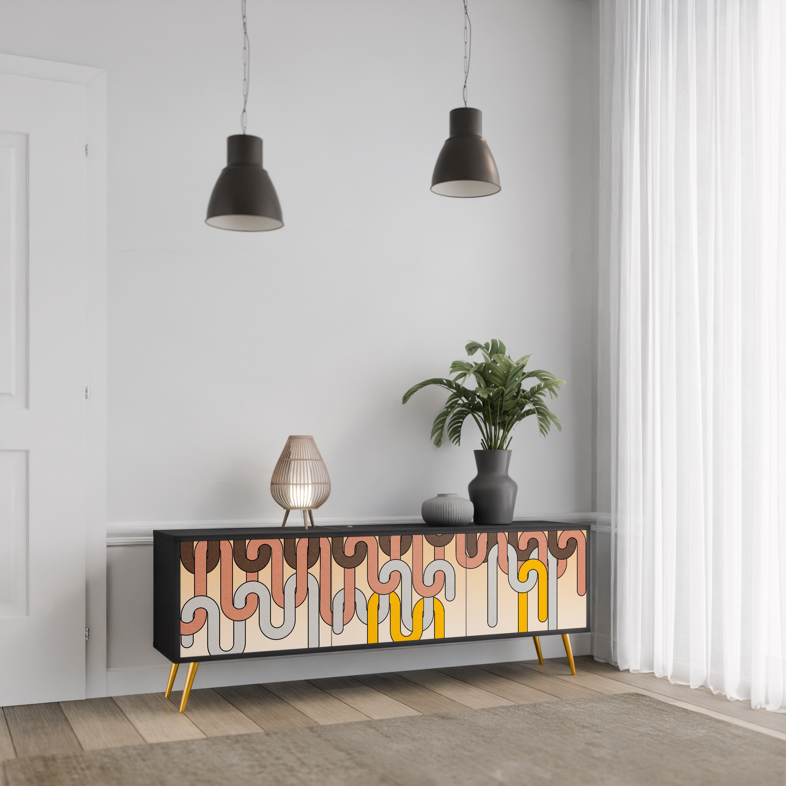 Meuble TV 3 portes COLORFUL STRINGS, finition noire