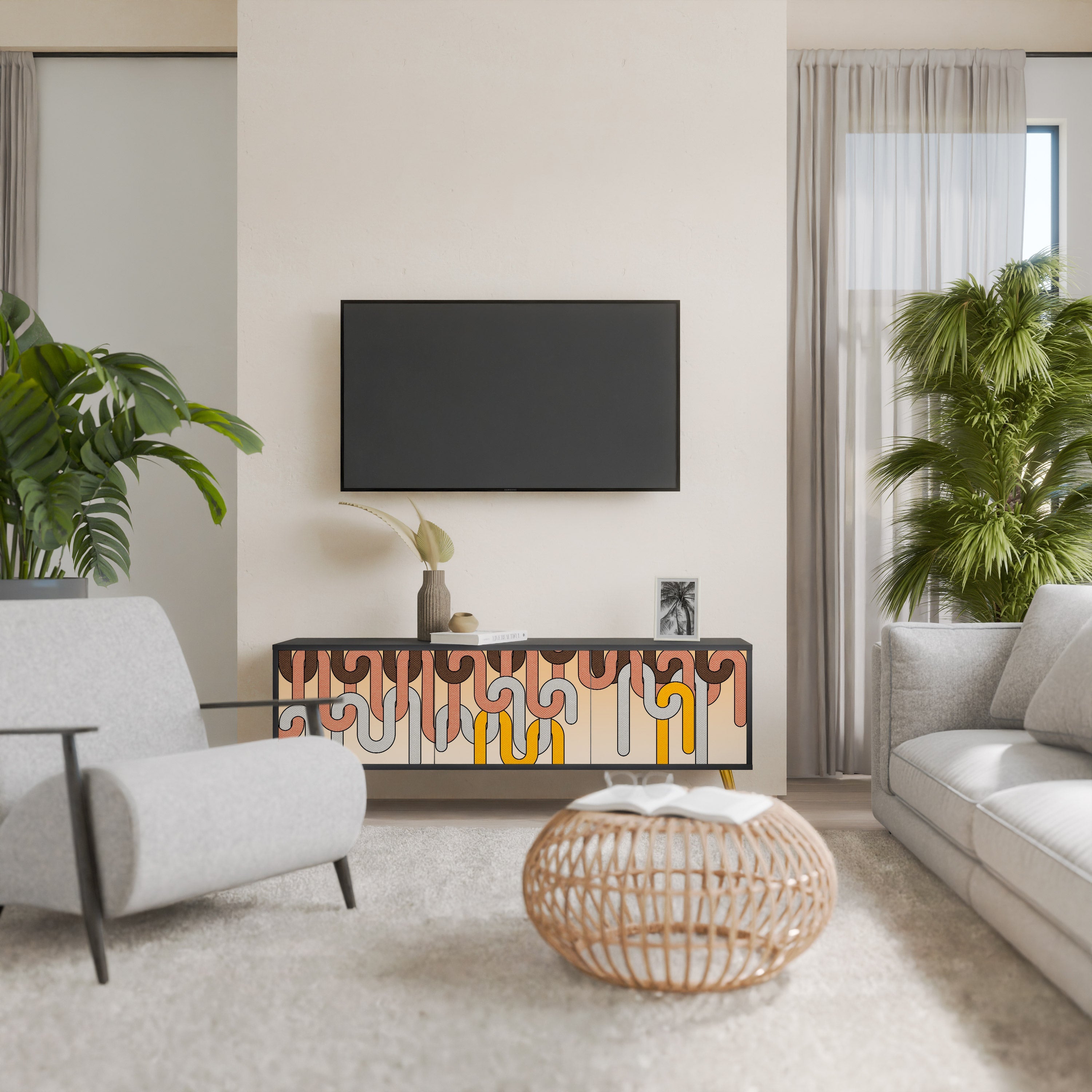 Meuble TV 3 portes COLORFUL STRINGS, finition noire