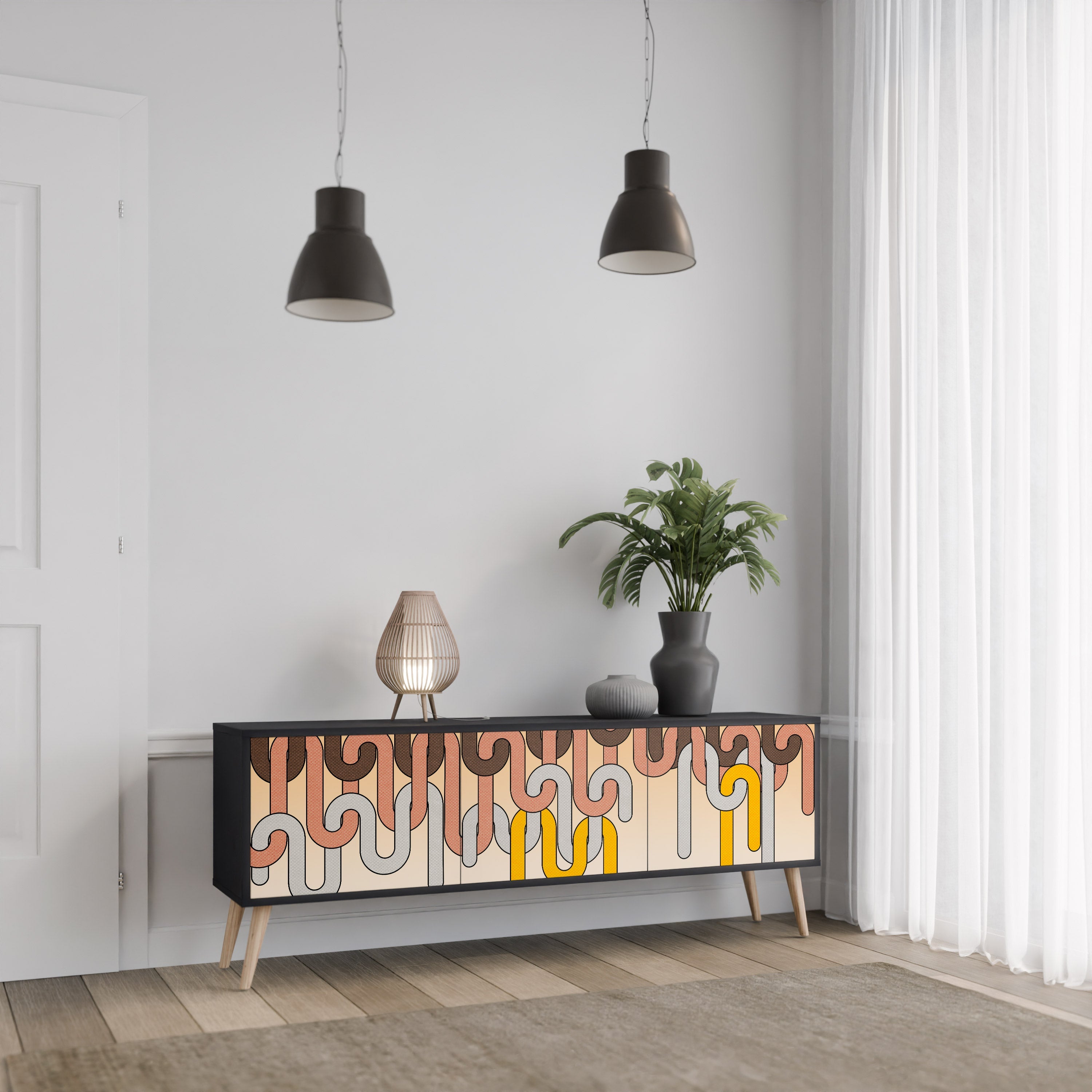 Meuble TV 3 portes COLORFUL STRINGS, finition noire