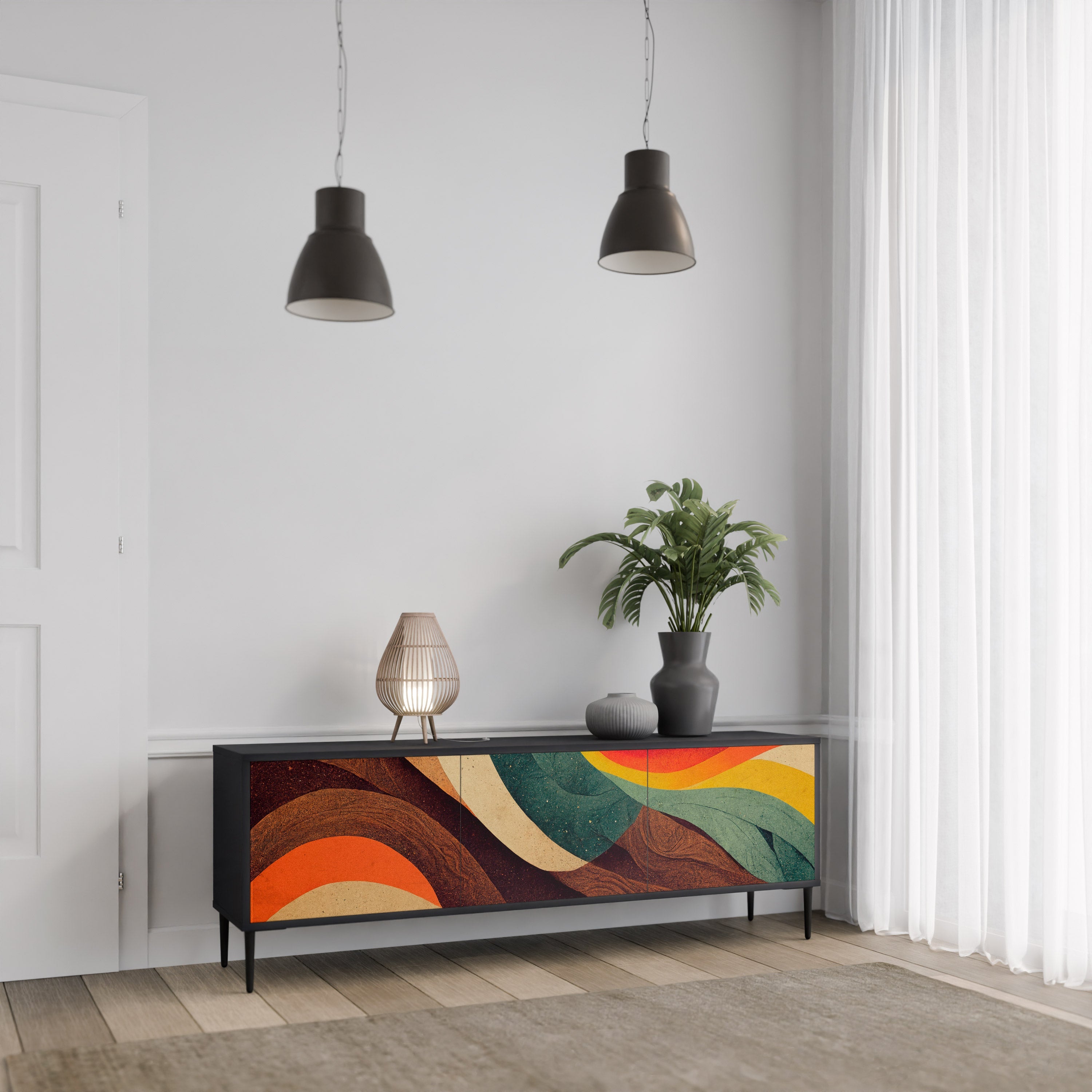 Meuble TV 3 portes COLORFUL STRANDS finition noire