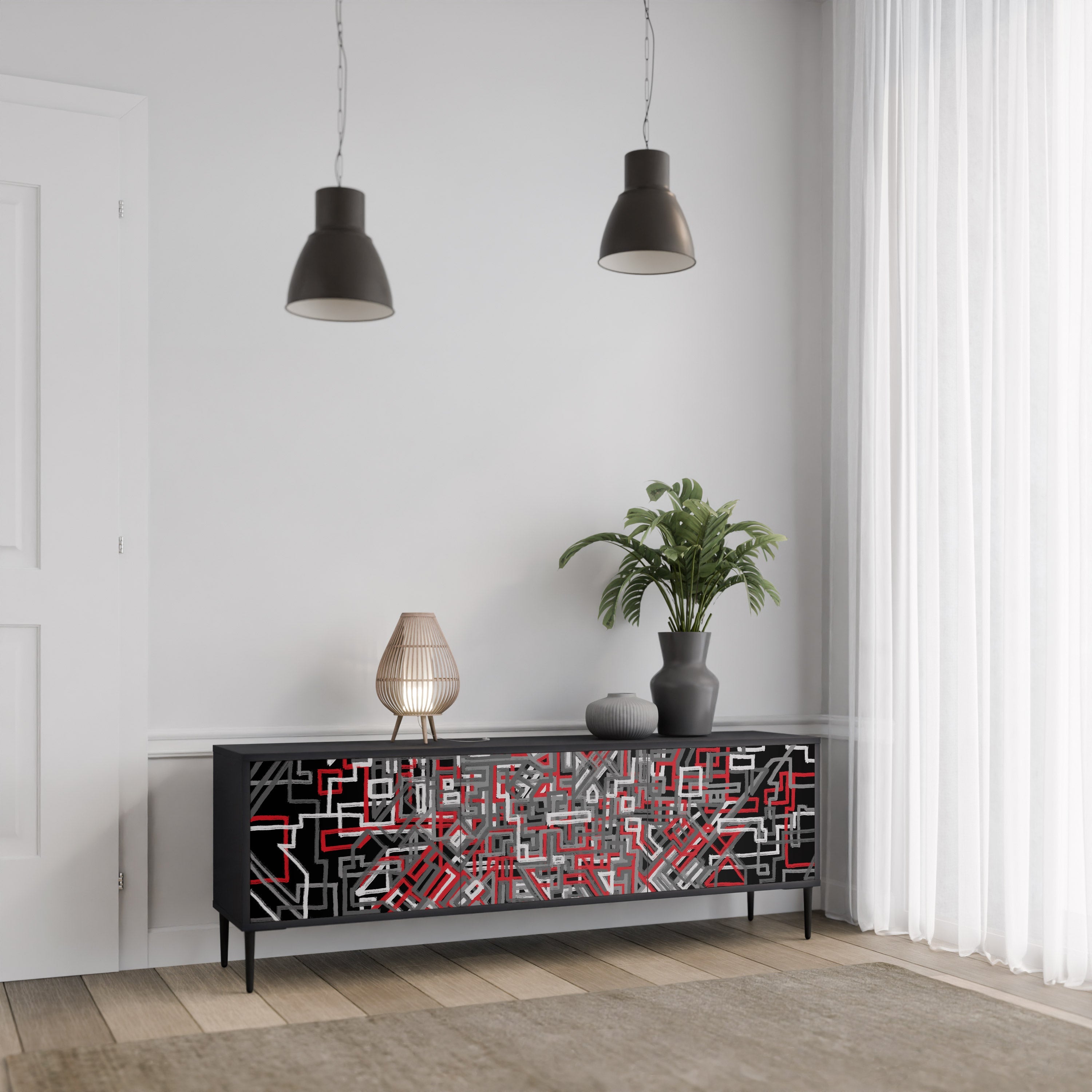 Meuble TV 3 portes BROKEN LINES finition noire