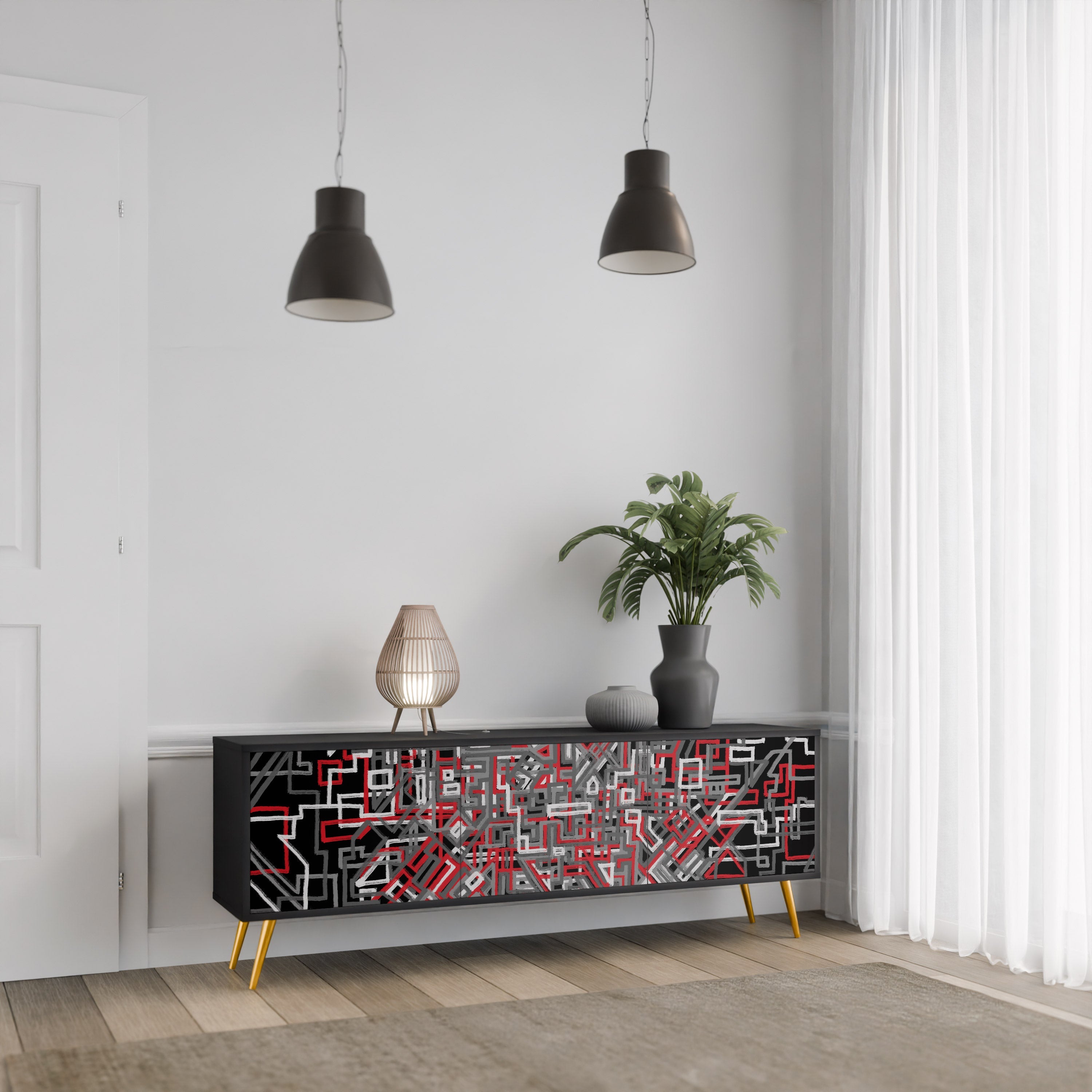 Meuble TV 3 portes BROKEN LINES finition noire