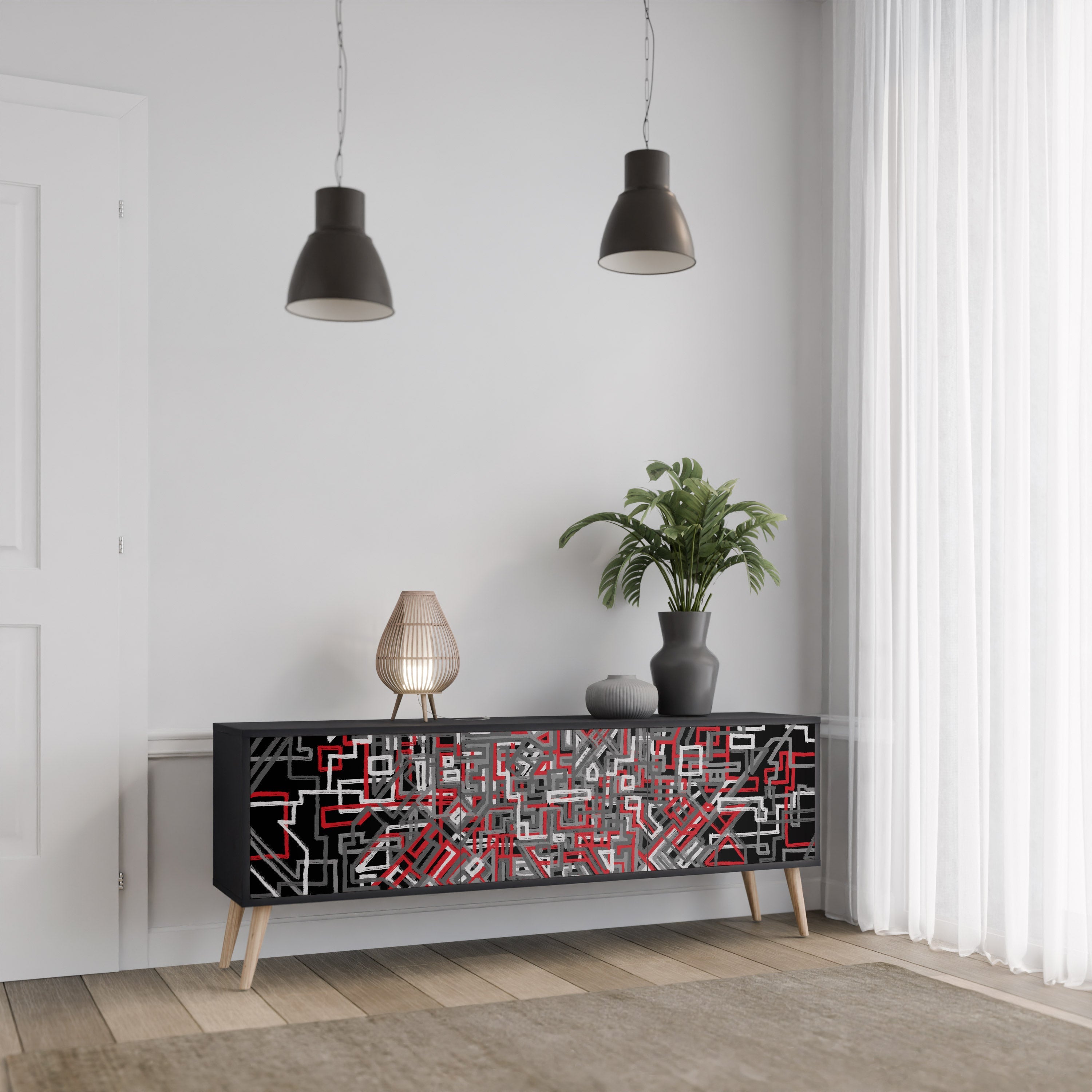 Meuble TV 3 portes BROKEN LINES finition noire