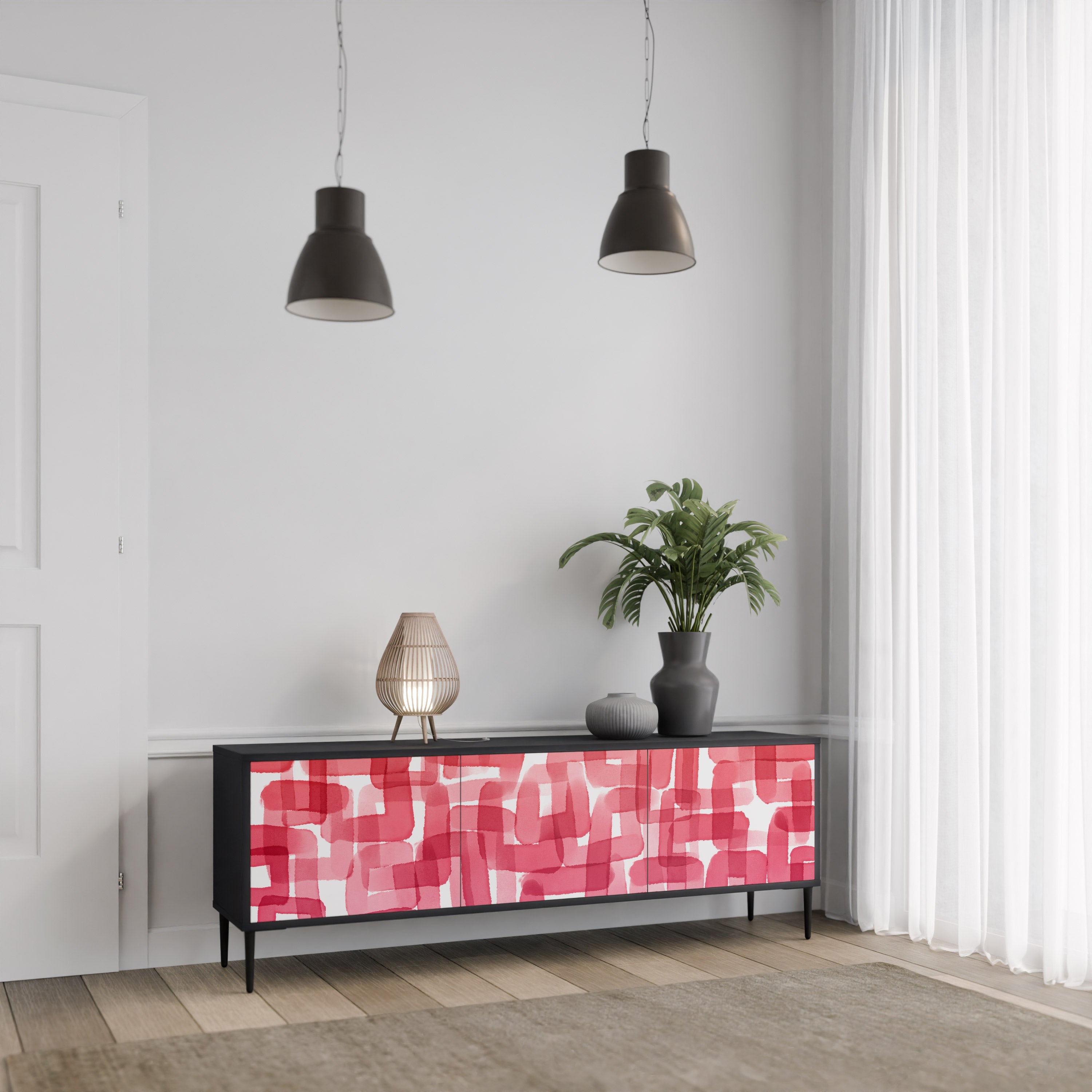 Meuble TV 3 portes KALEIDOSCOPIC CUBISM, finition noire