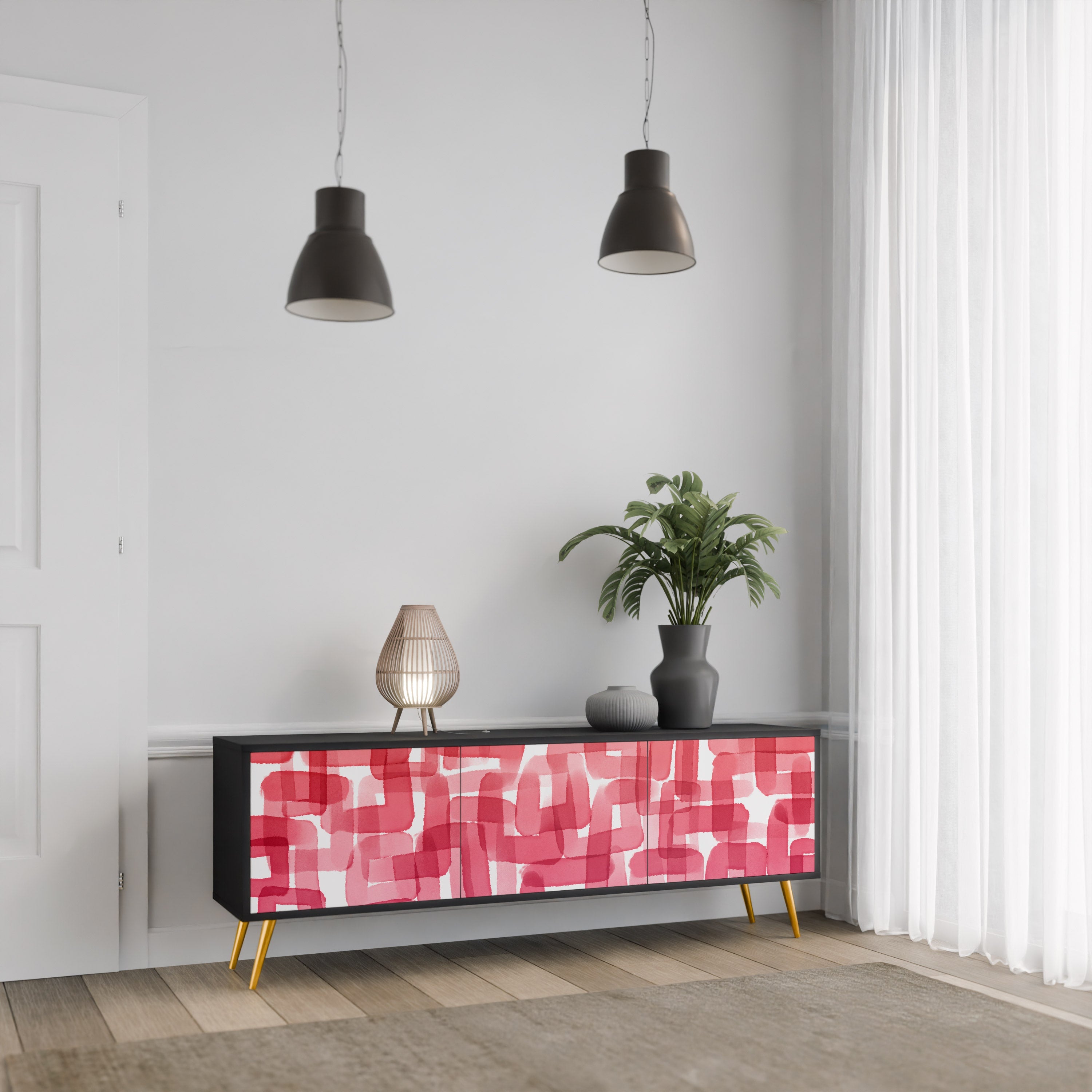 Meuble TV 3 portes KALEIDOSCOPIC CUBISM, finition noire