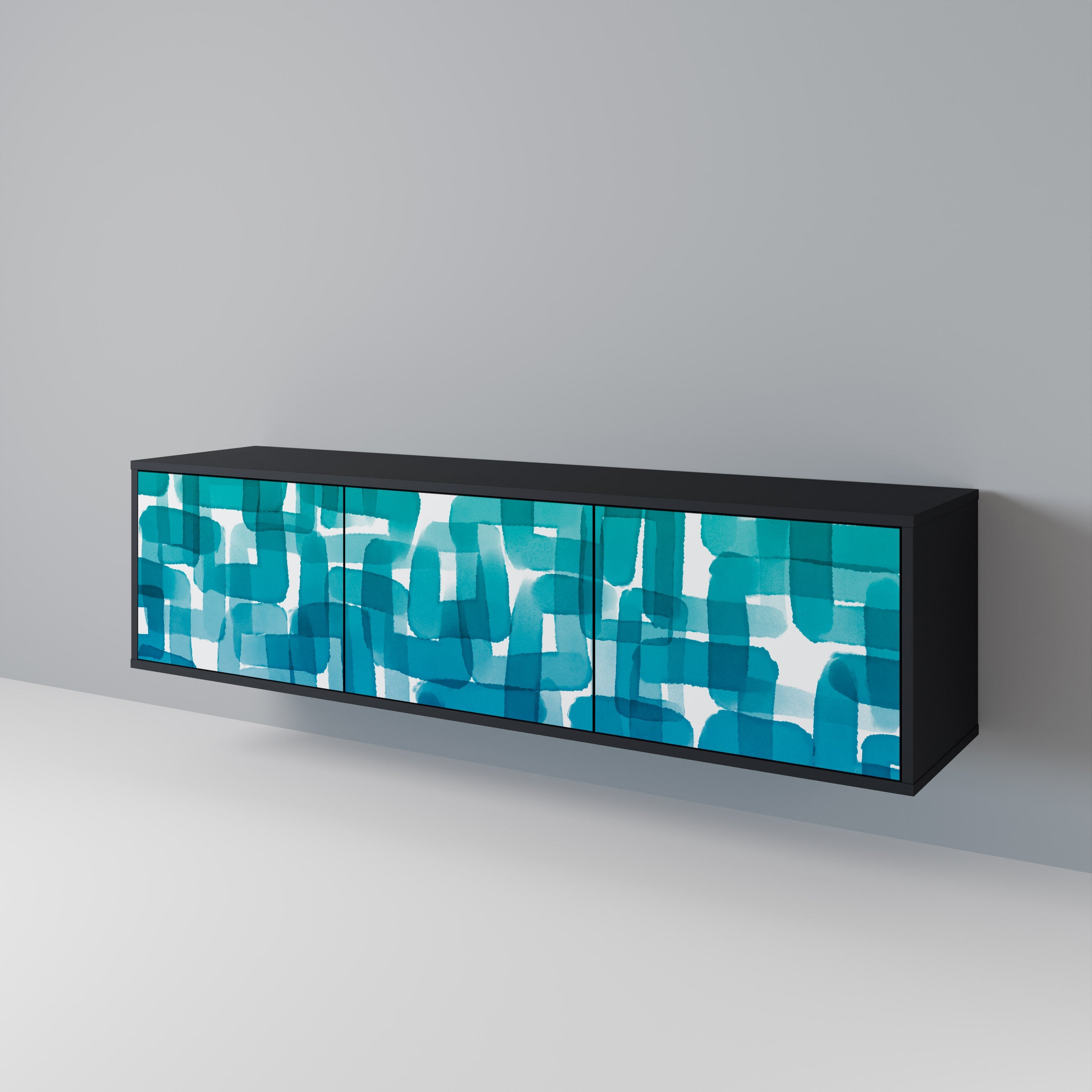 Meuble TV 3 portes TURQUOISE RECTANGLES finition noire