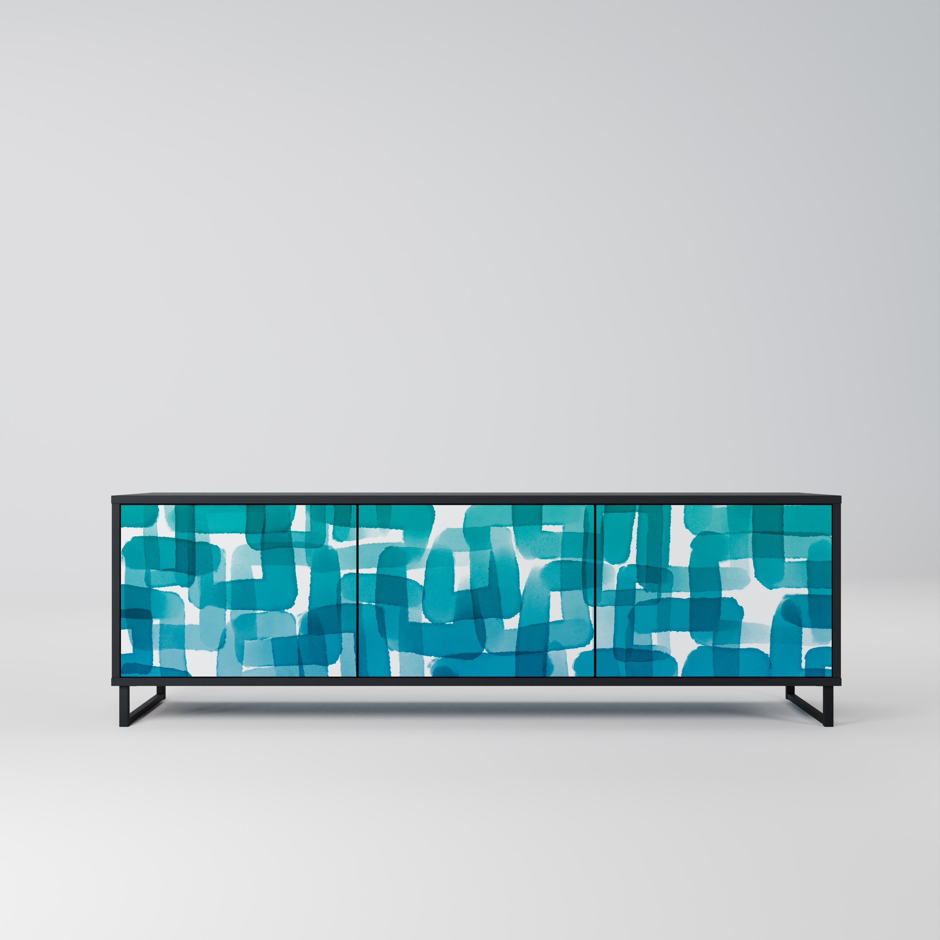 Meuble TV 3 portes TURQUOISE RECTANGLES finition noire