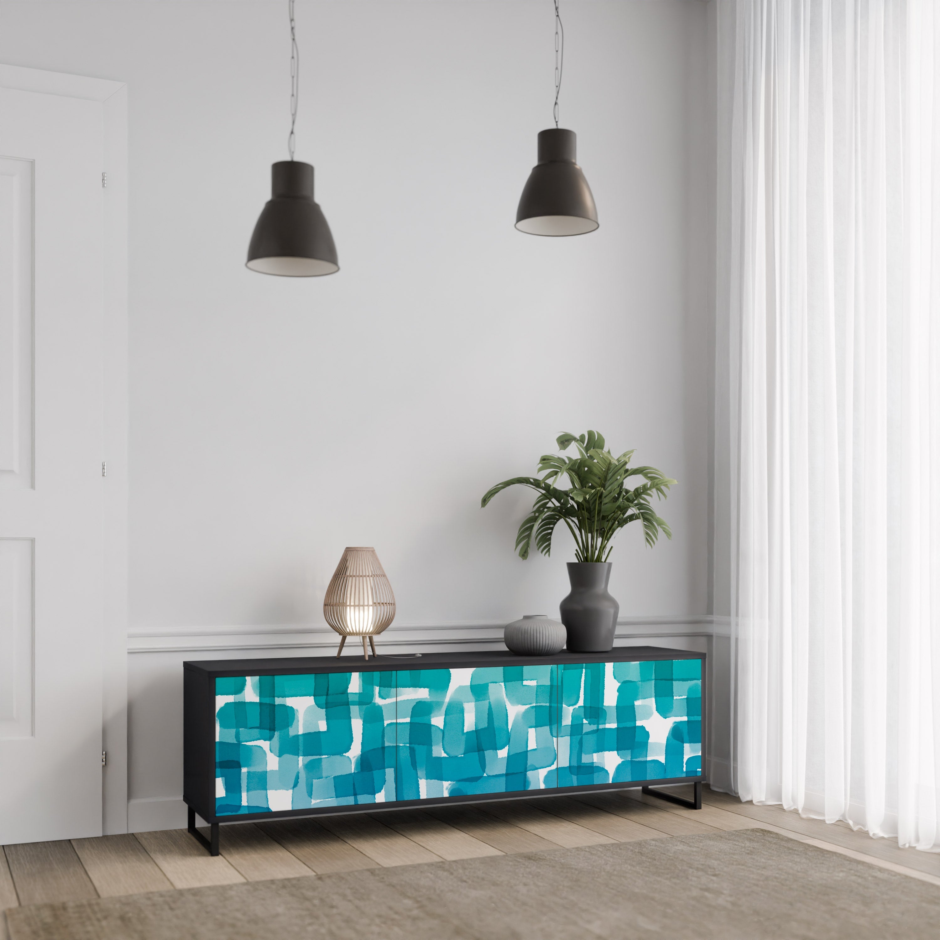 Meuble TV 3 portes TURQUOISE RECTANGLES finition noire