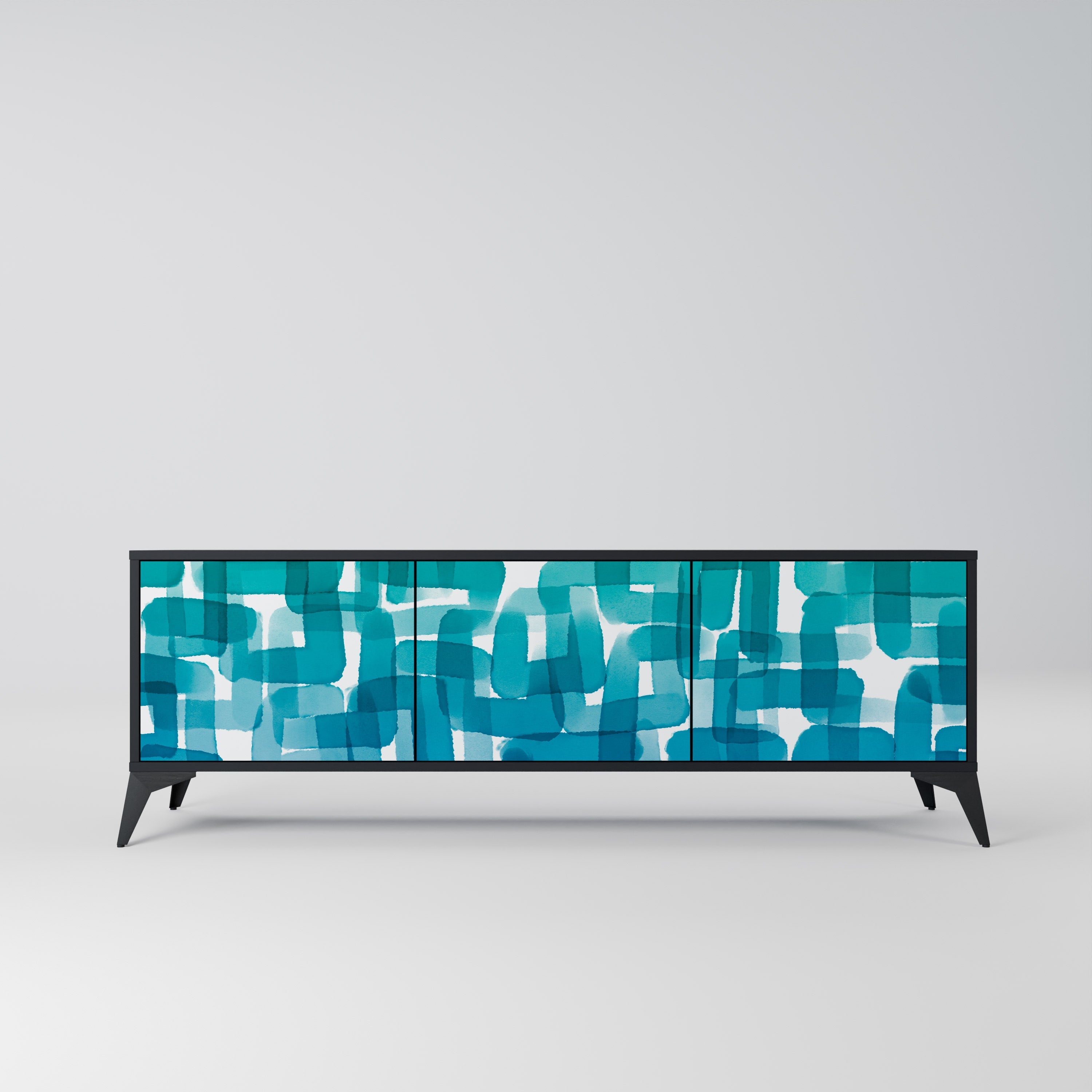 Meuble TV 3 portes TURQUOISE RECTANGLES finition noire