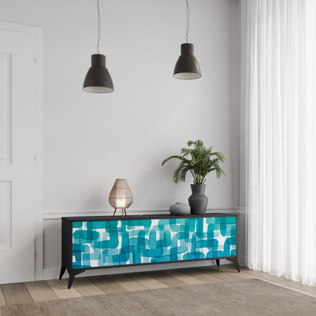 Meuble TV 3 portes TURQUOISE RECTANGLES finition noire