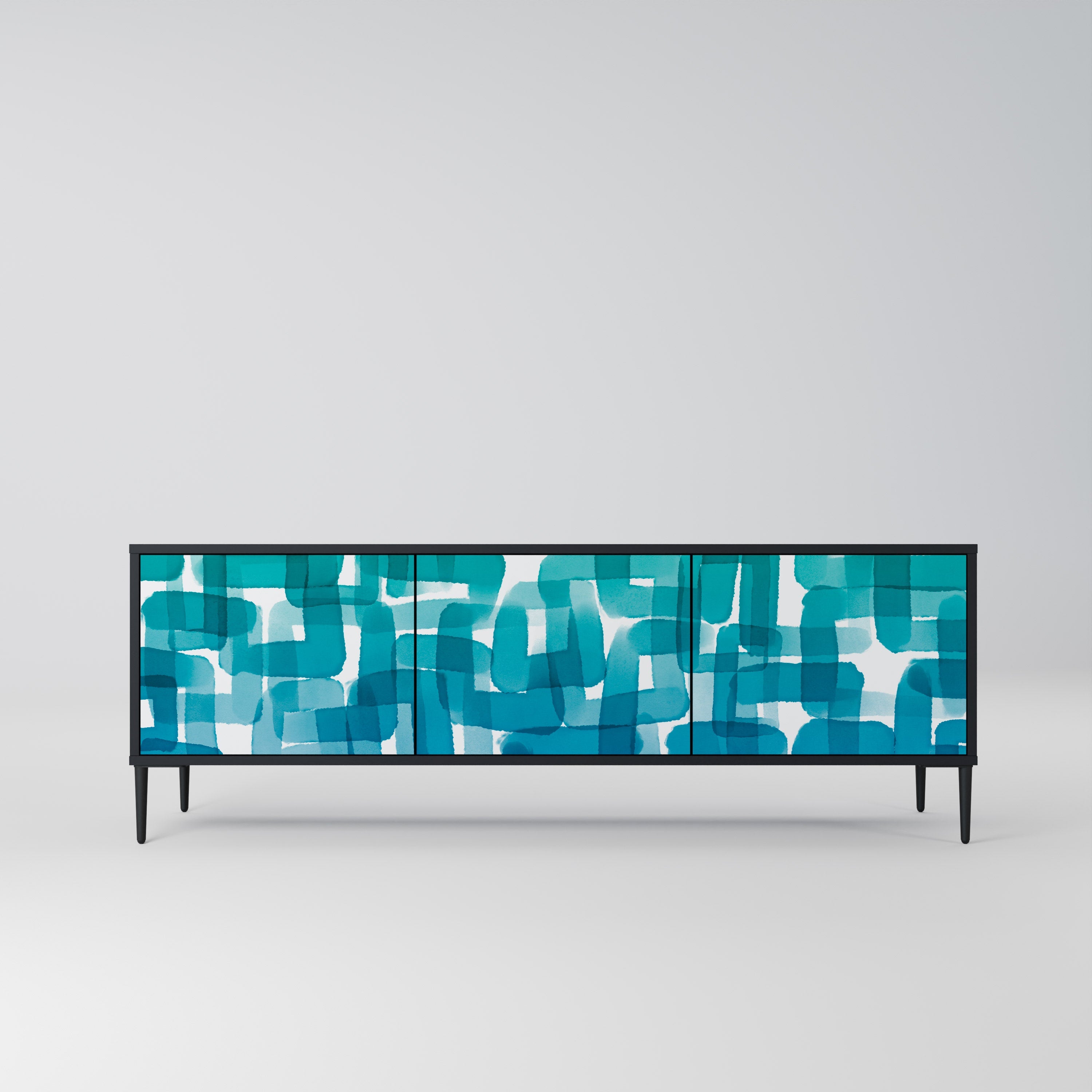 Meuble TV 3 portes TURQUOISE RECTANGLES finition noire