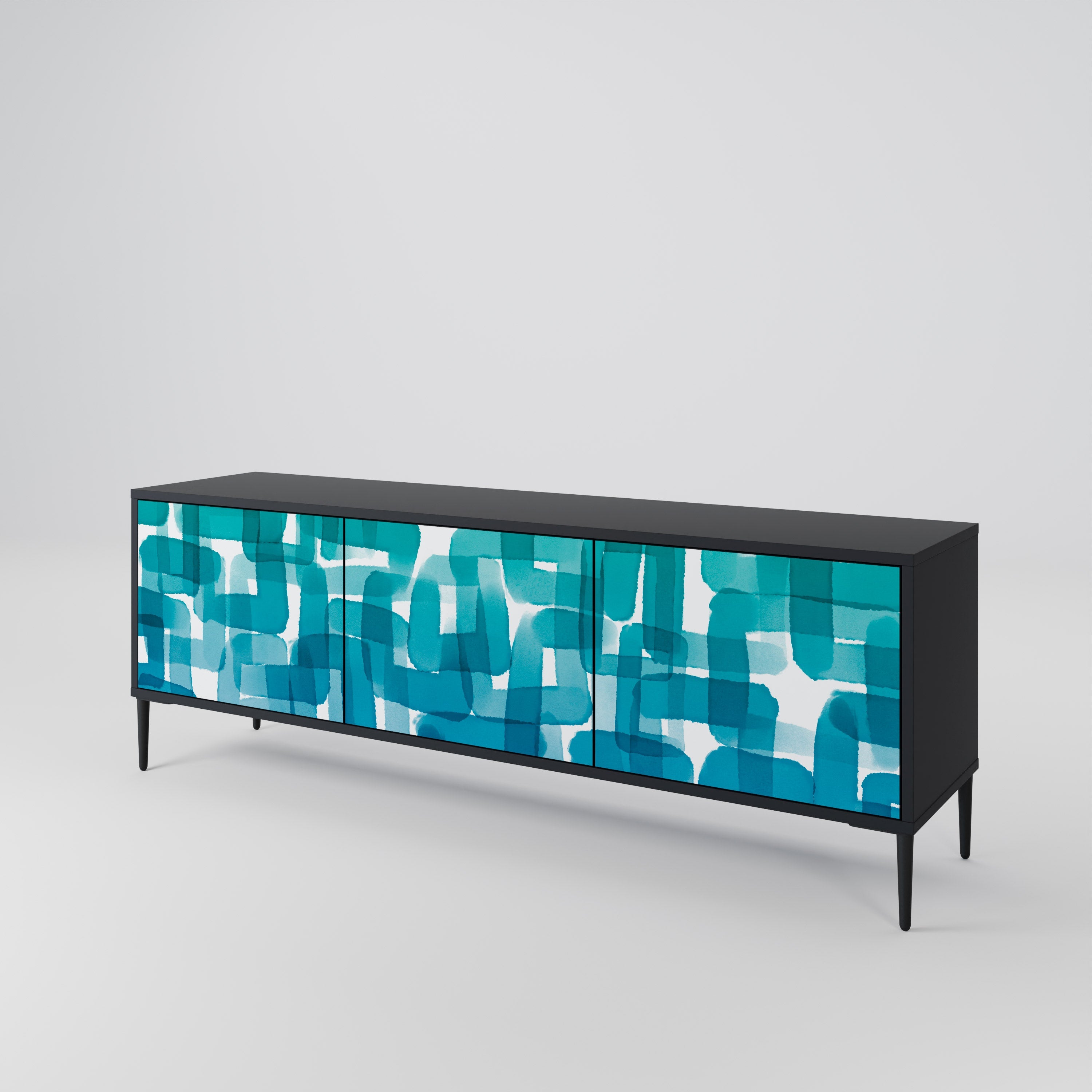 Meuble TV 3 portes TURQUOISE RECTANGLES finition noire