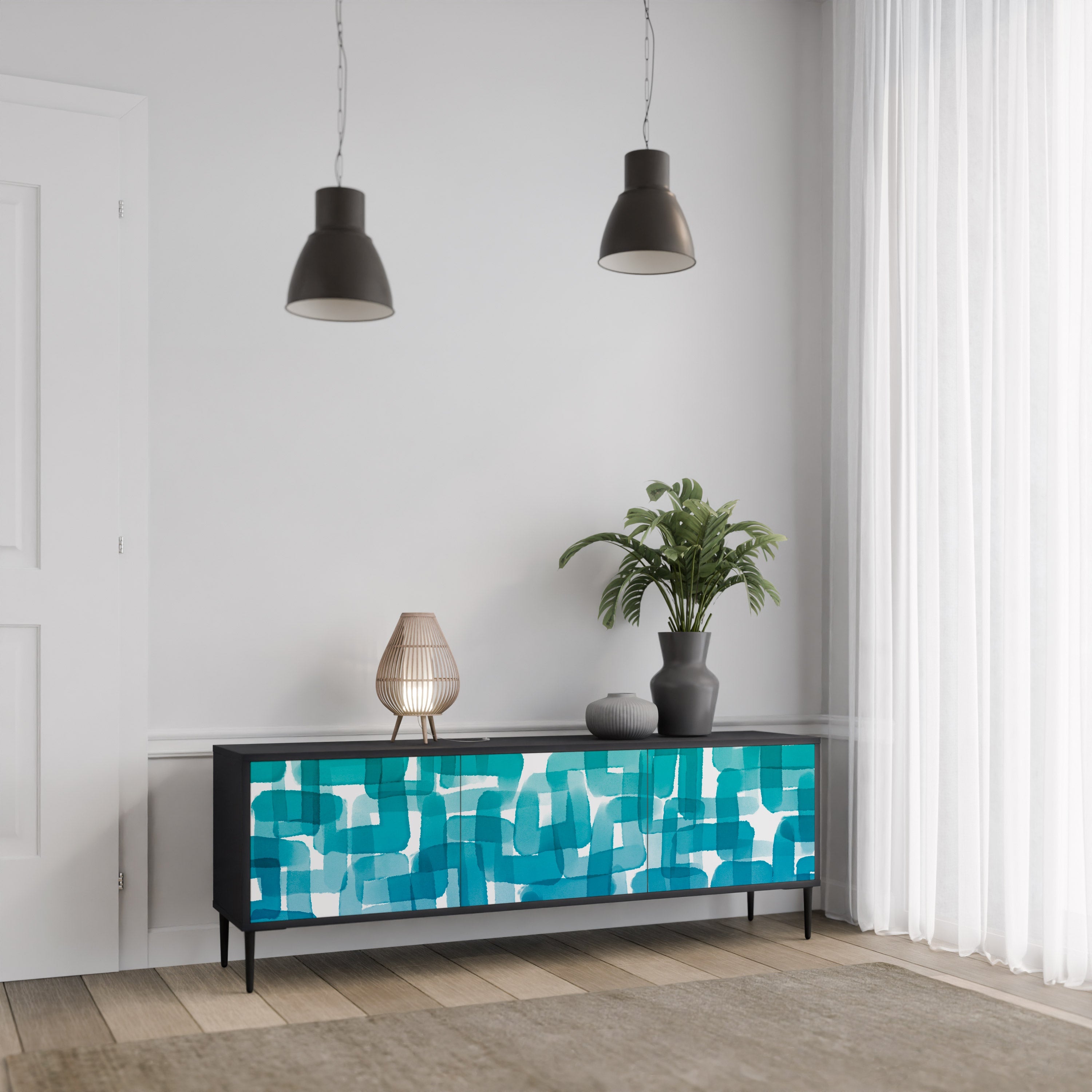 Meuble TV 3 portes TURQUOISE RECTANGLES finition noire