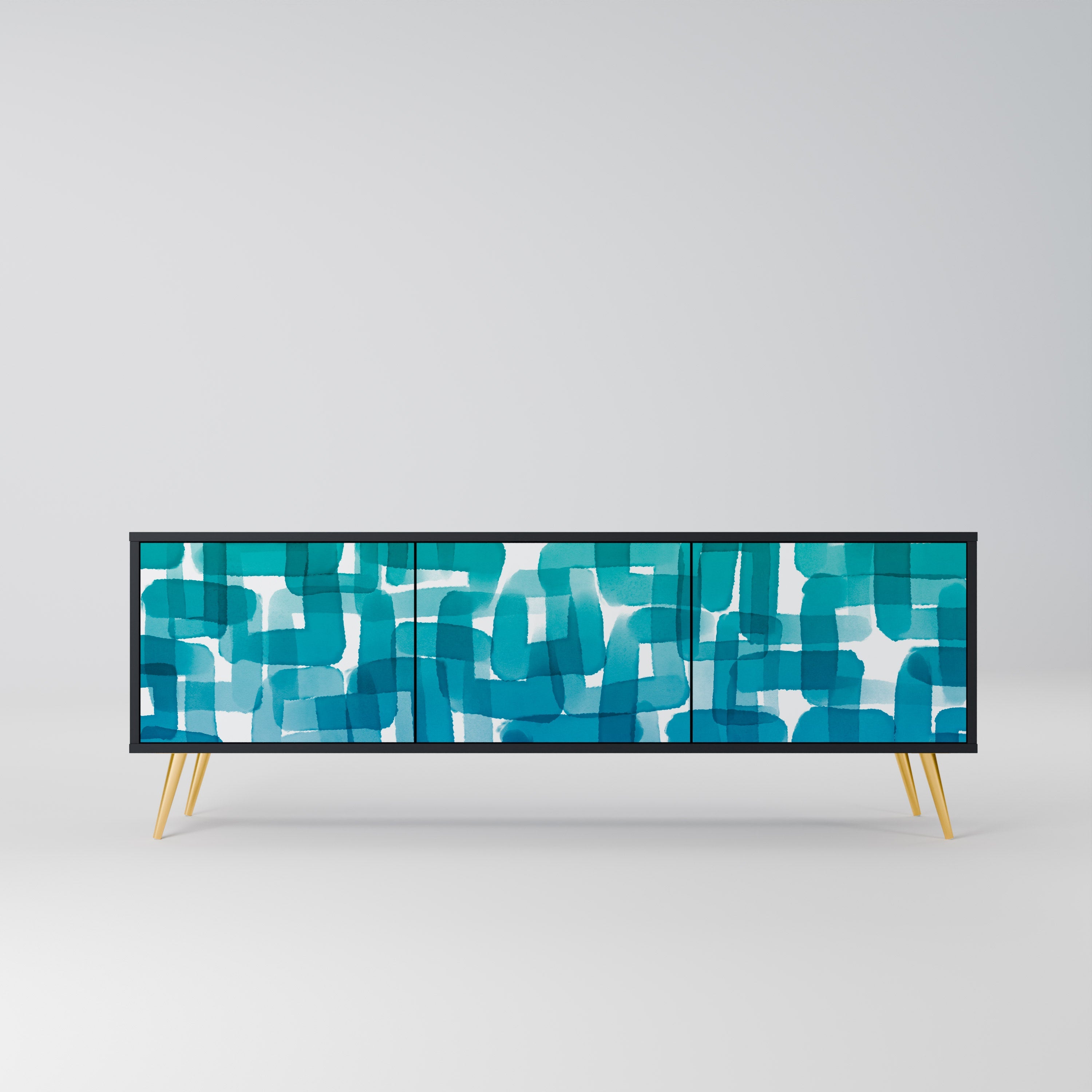 Meuble TV 3 portes TURQUOISE RECTANGLES finition noire