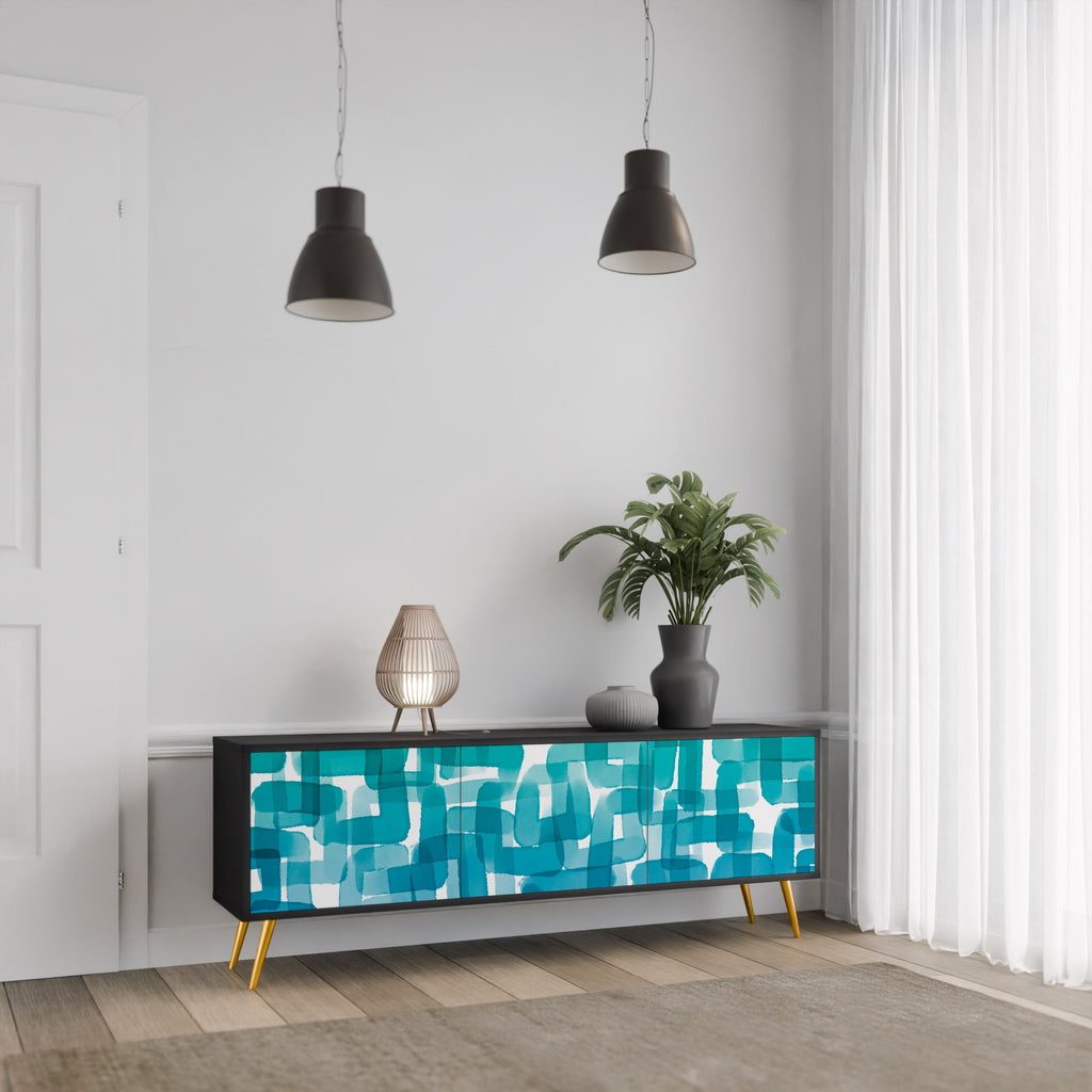 Meuble TV 3 portes TURQUOISE RECTANGLES finition noire