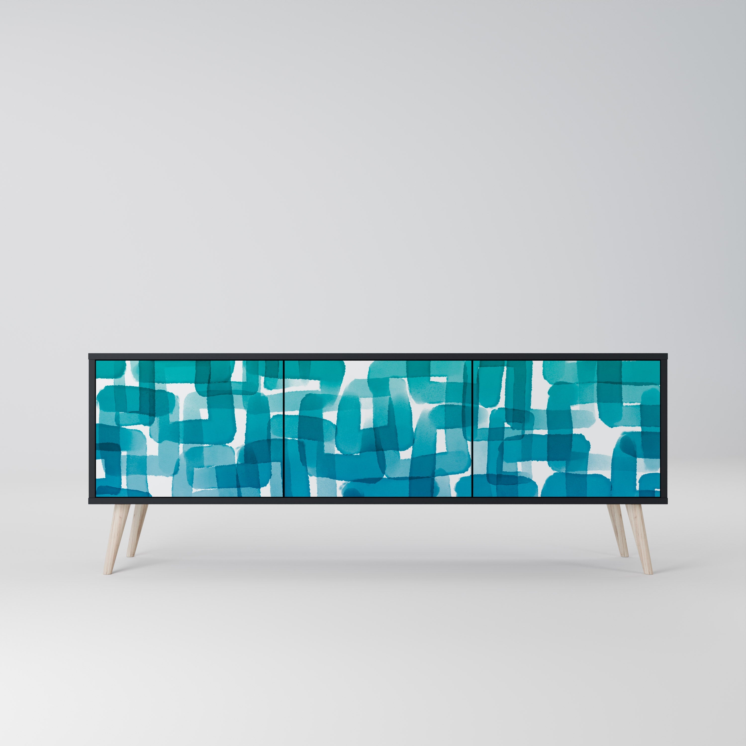 Meuble TV 3 portes TURQUOISE RECTANGLES finition noire