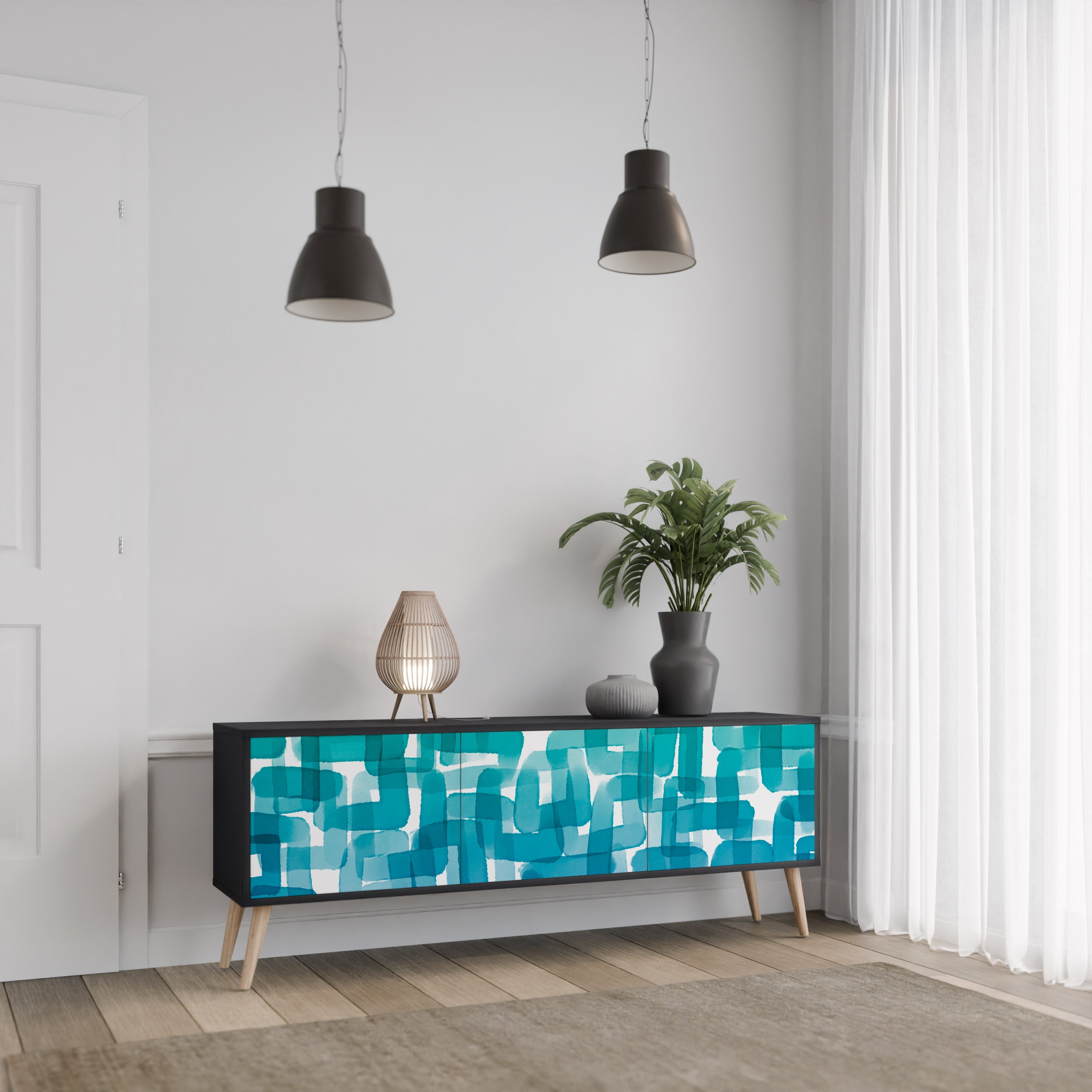 Meuble TV 3 portes TURQUOISE RECTANGLES finition noire