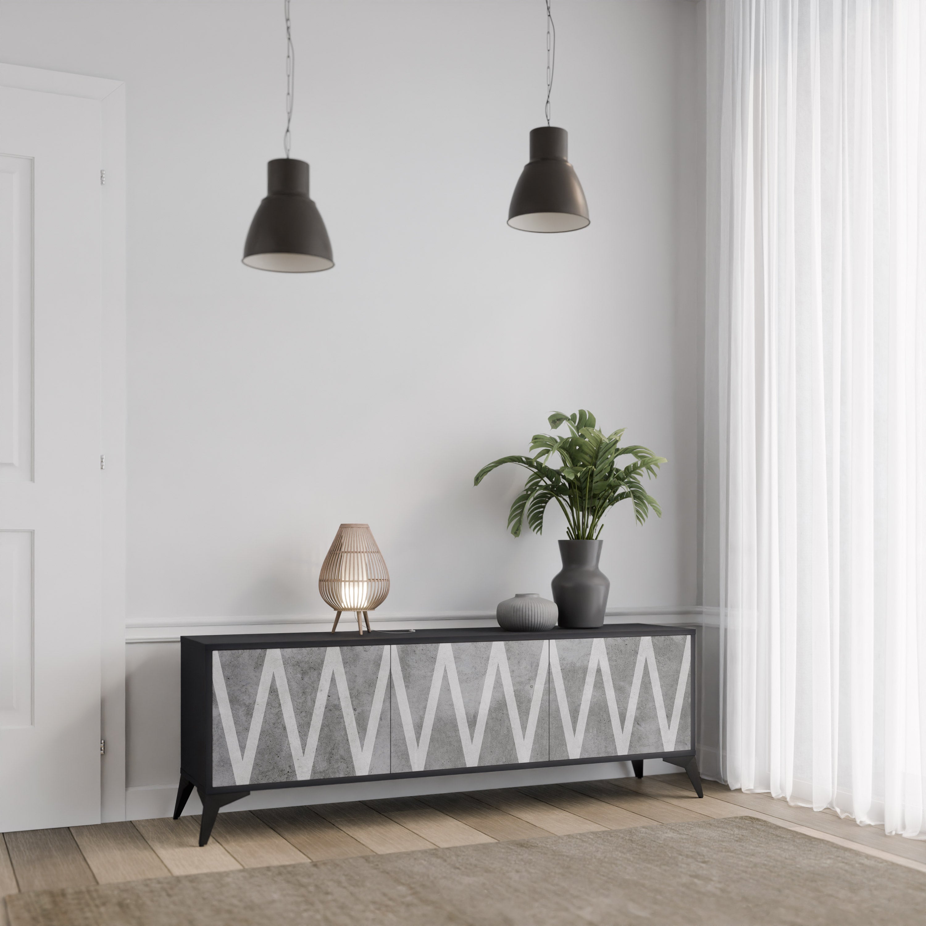 Meuble TV 3 portes SOLID ZIG ZAG finition noire